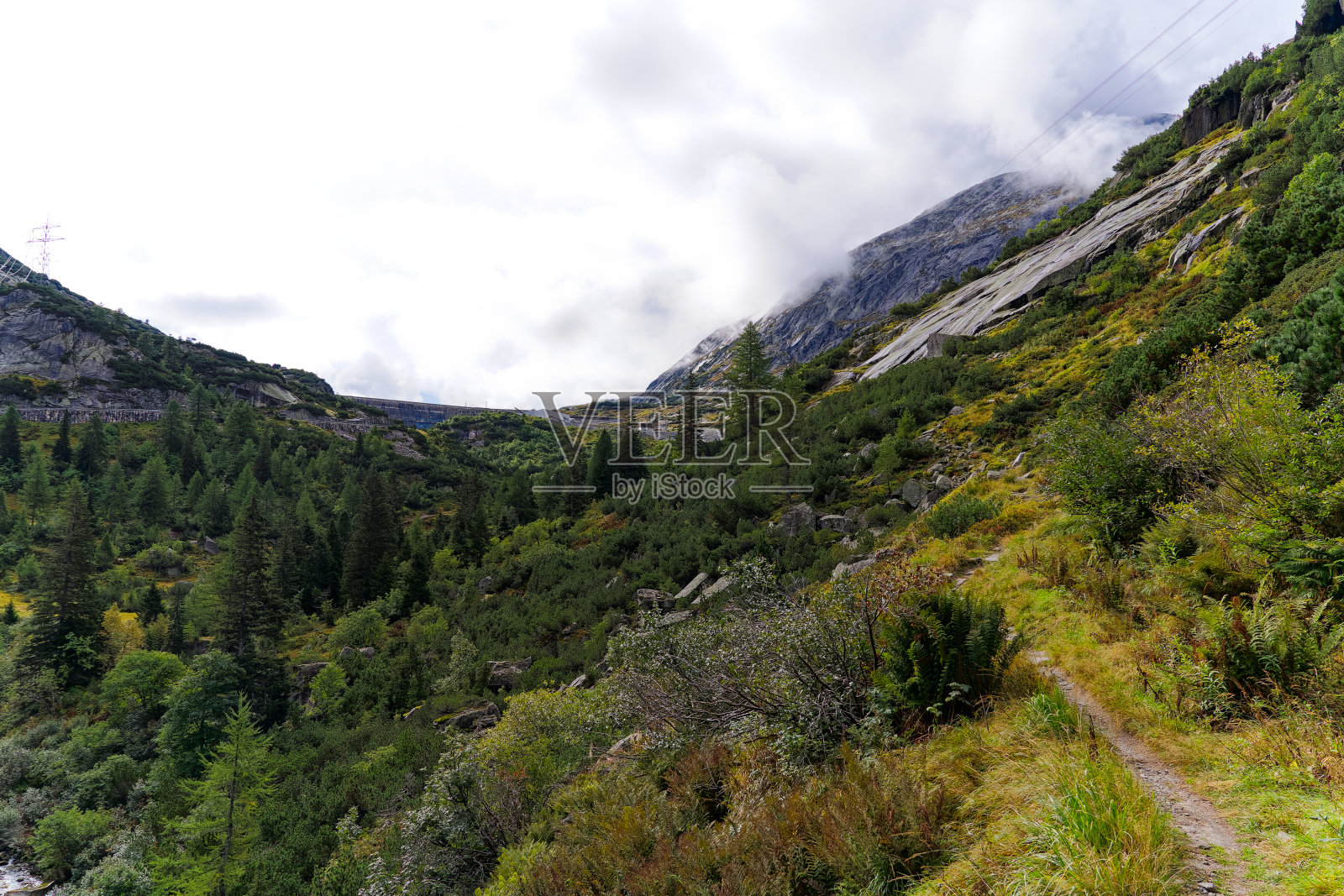 瑞士阿尔卑斯山脉的神秘景色,雾气缭绕。照片摄影图片