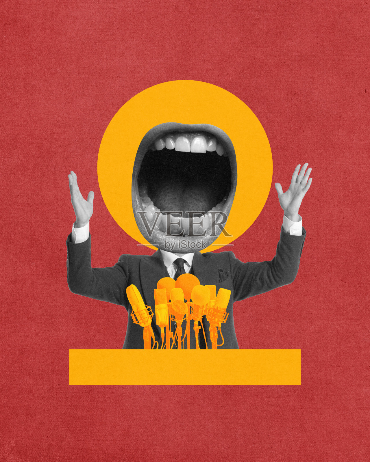 权威。商人张大嘴巴在广播麦克风前动情地讲话。控制社会。当代艺术拼贴。照片摄影图片