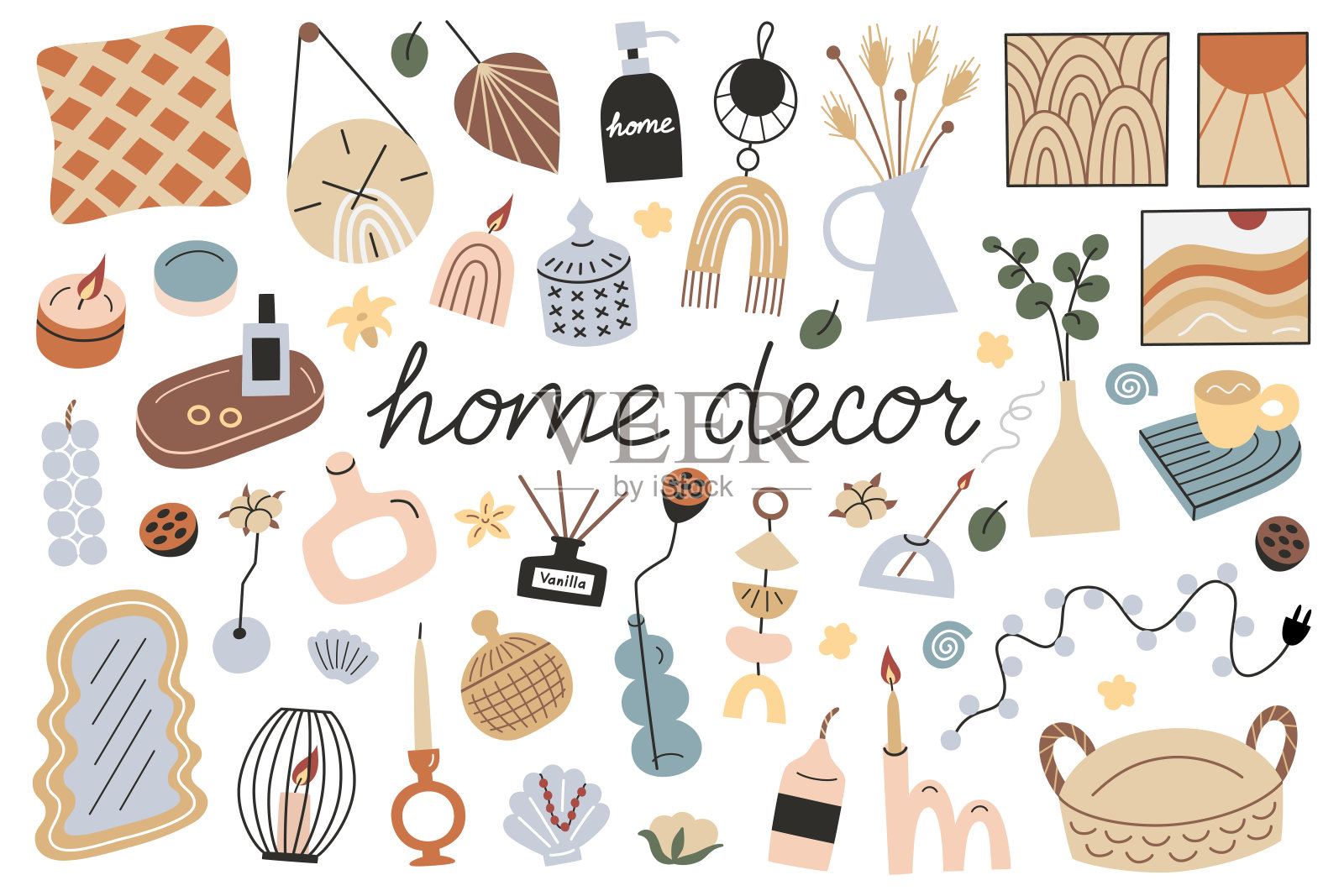 家居装饰集合,日本蜡烛,枕头和花瓶涂鸦,现代室内元素的矢量插图,斯堪的纳维亚风格,时尚配件集插画图片素材
