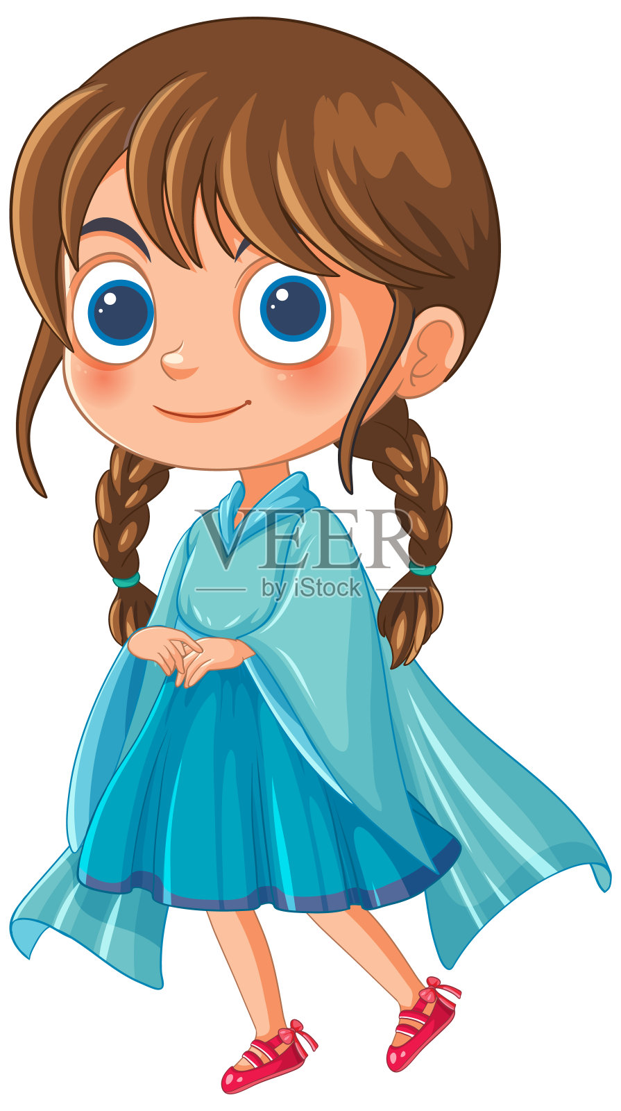 穿着飘逸的蓝色连衣裙,扎着辫子的卡通女孩插画图片素材