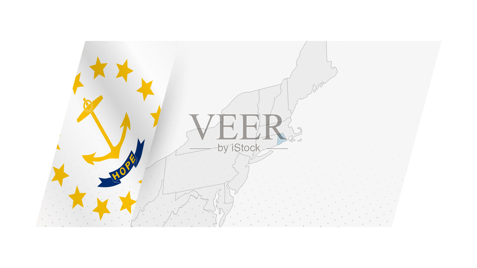 现代风格的罗德岛地图,左边是罗德岛国旗。插画图片素材