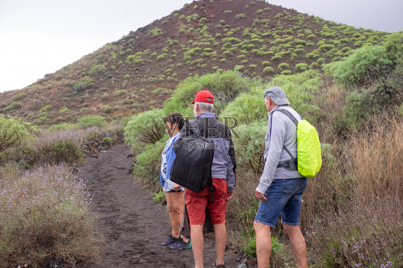 在特内里费岛,一群活跃的白种人朋友背着背包在马尔佩斯德吉玛的大自然中散步。退休男女的健康生活方式照片摄影图片