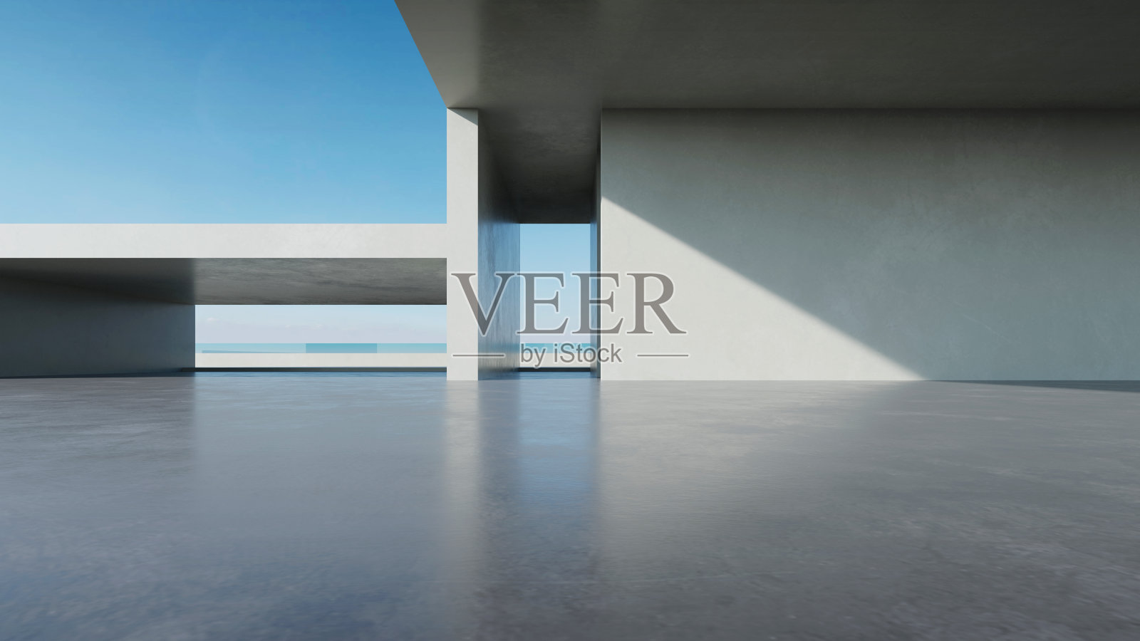 三维渲染抽象的现代建筑与空混凝土地板,汽车呈现背景。照片摄影图片