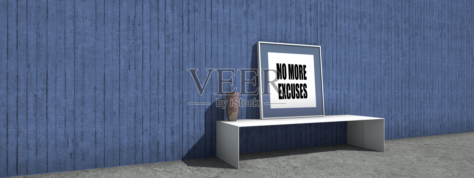 彩色墙壁与绘画和文字没有更多的借口!橱柜、花瓶和灰色的地板照片摄影图片