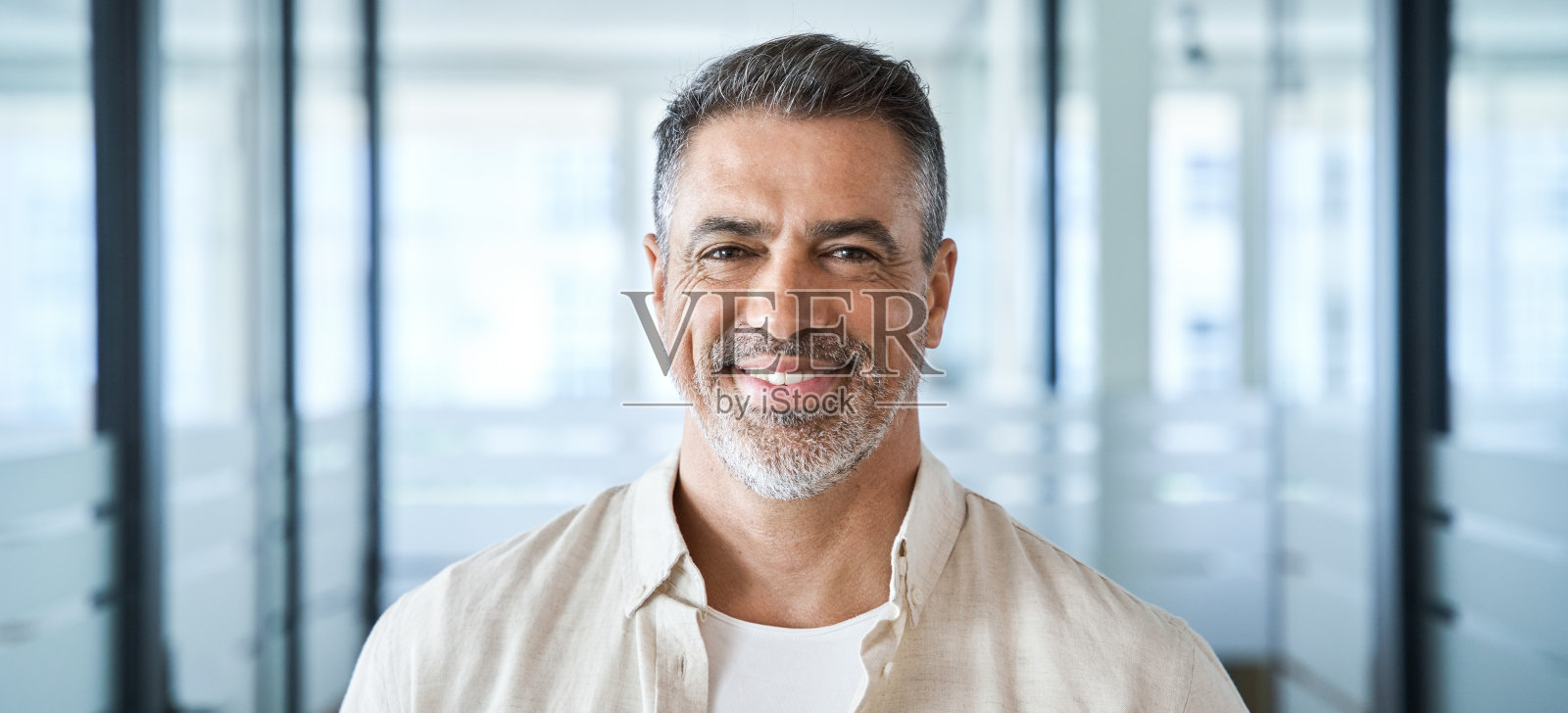 横幅头像特写的印度或拉丁自信成熟的中年领导人,首席执行官男商人在办公室的背景。英俊的西班牙裔高级商人对着相机微笑,复印空间照片摄影图片