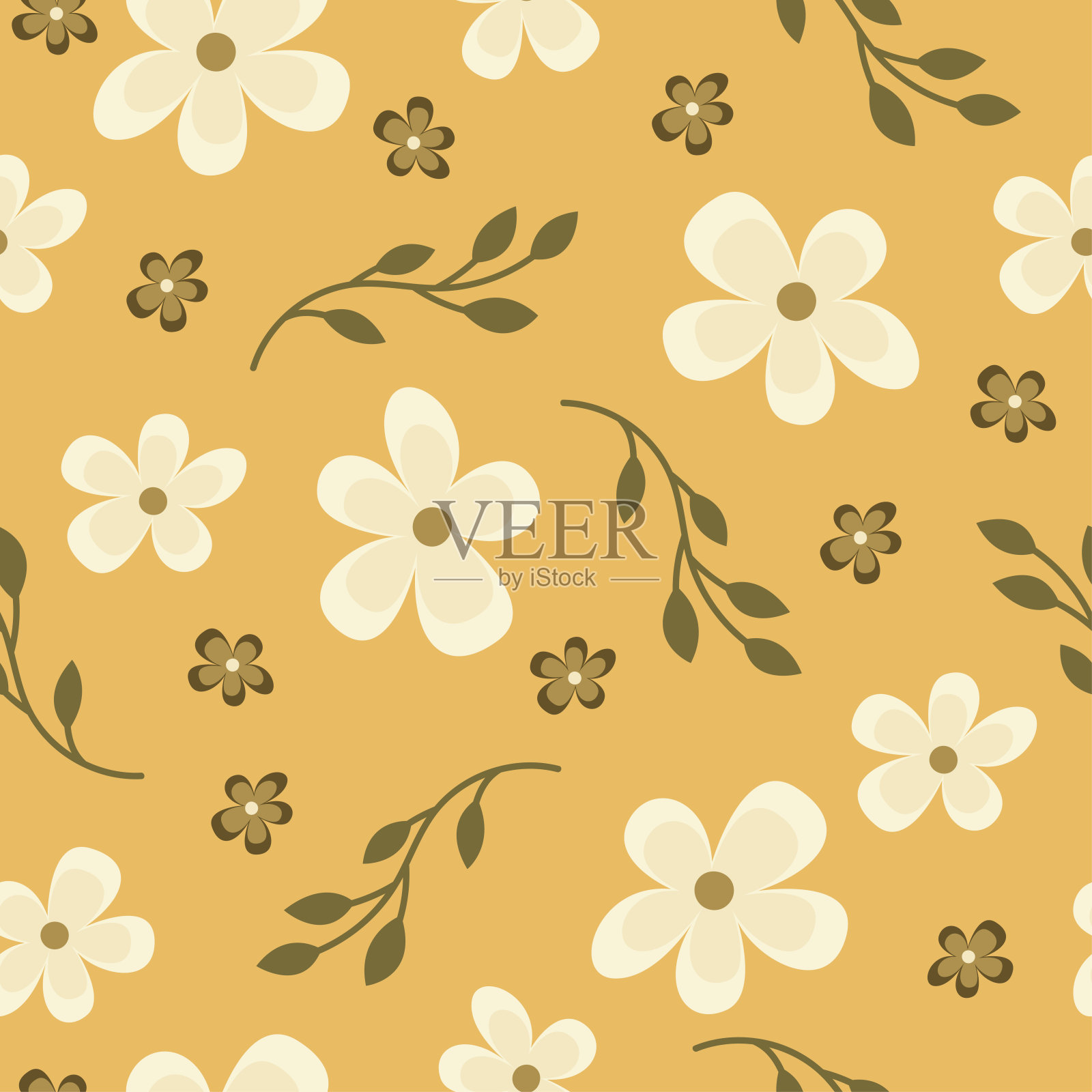 无缝花卉图案。背景在黄色背景上的小黄花用于纺织品,织物,棉织物,封面,壁纸,印刷品,礼品包装,明信片,剪贴簿。插画图片素材