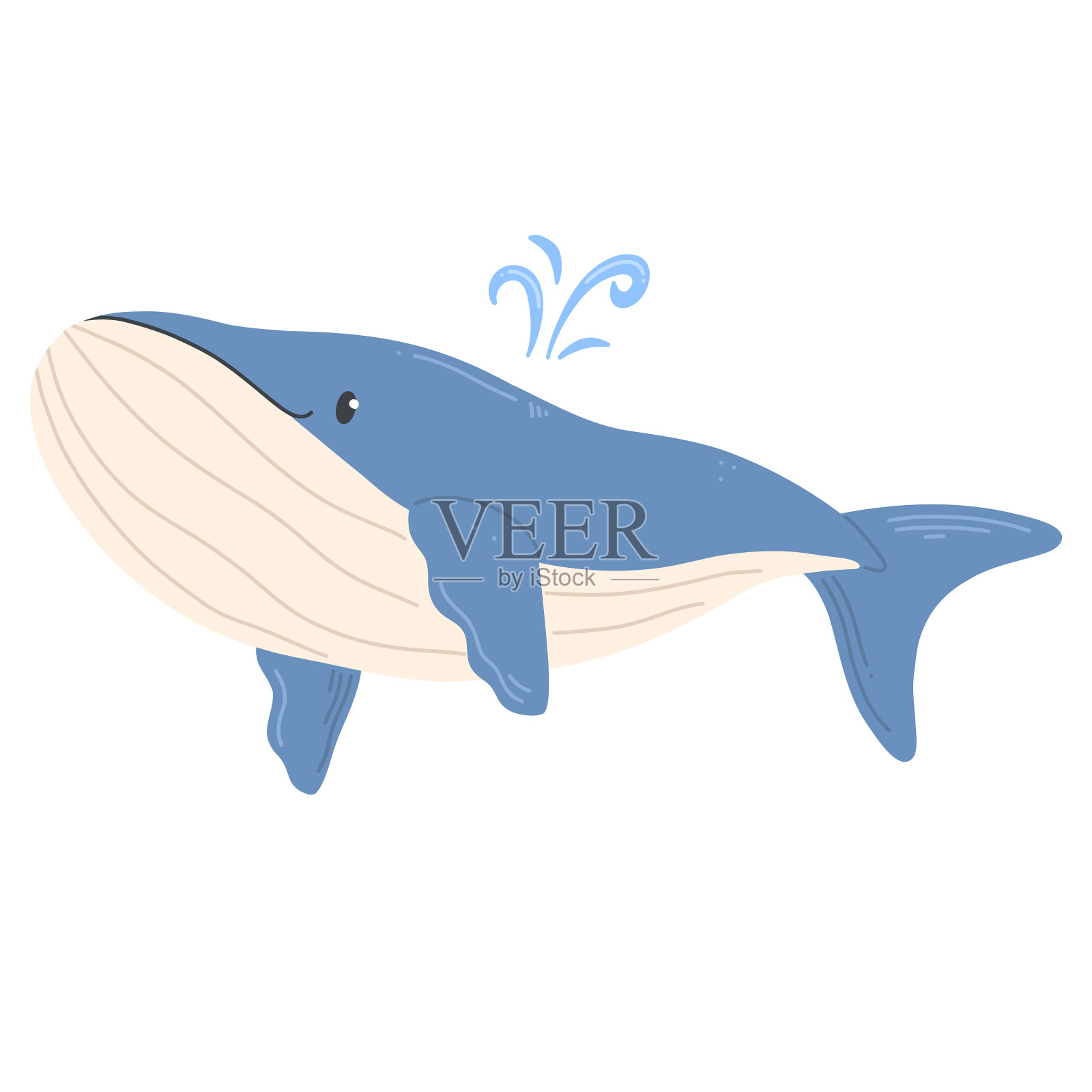 一只可爱的卡通风格的鲸鱼孤立在白色上。蓝色微笑鲸鱼的插图。插画图片素材