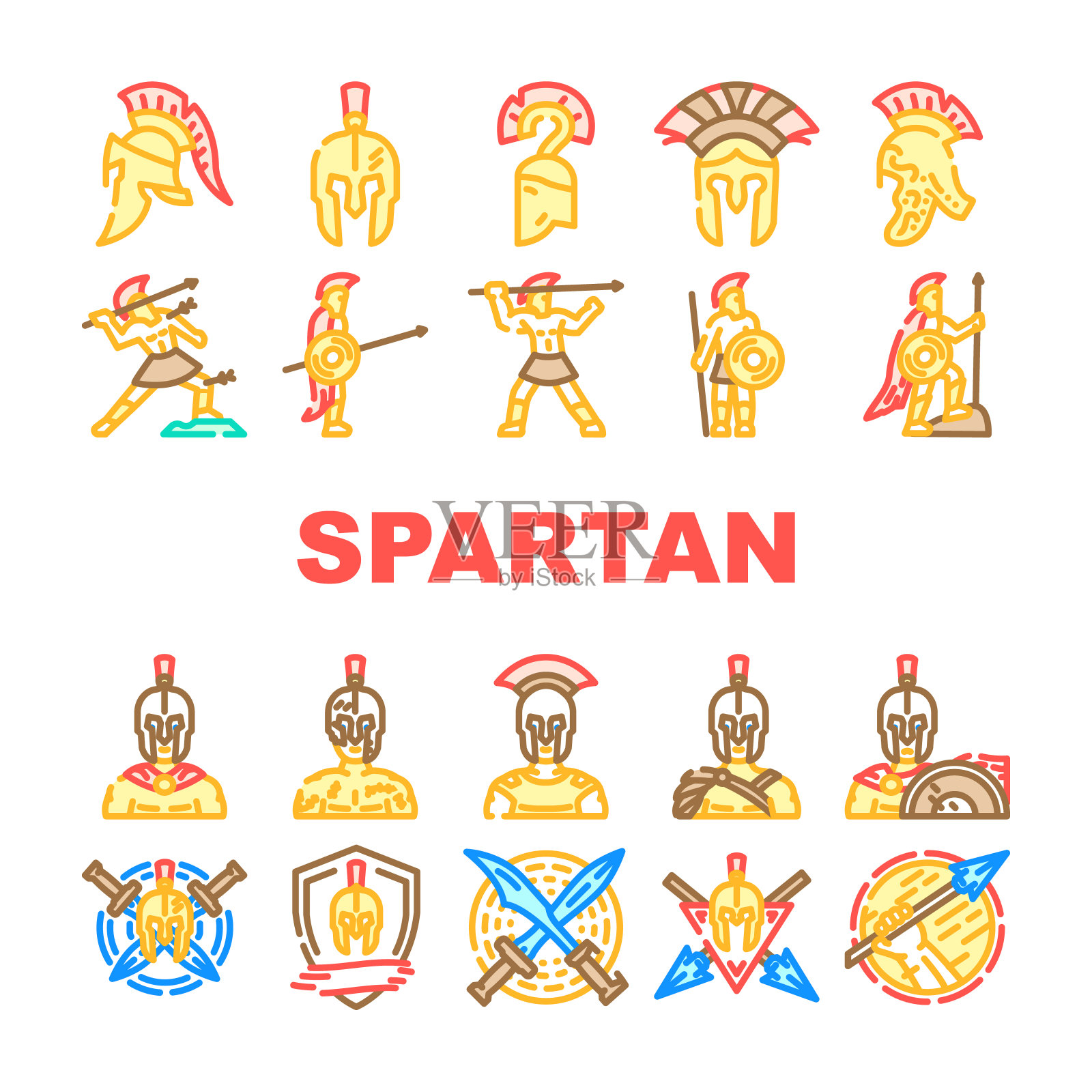 斯巴达战士头盔图标设置矢量插画图片素材