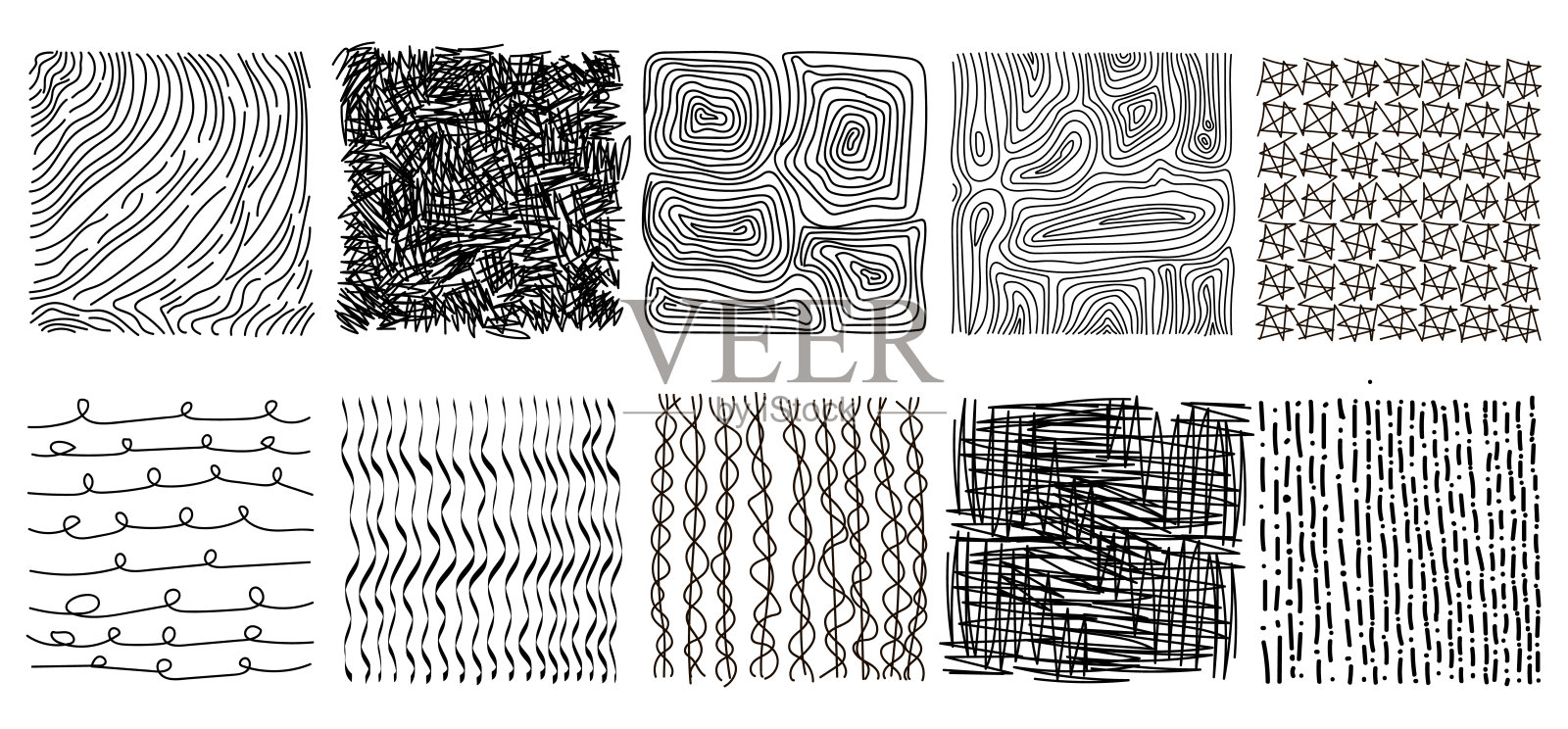 一套铅笔涂鸦。孵化,点和线。涂鸦和素描风格。黑色卷曲的grunge纹理。向量。插画图片素材