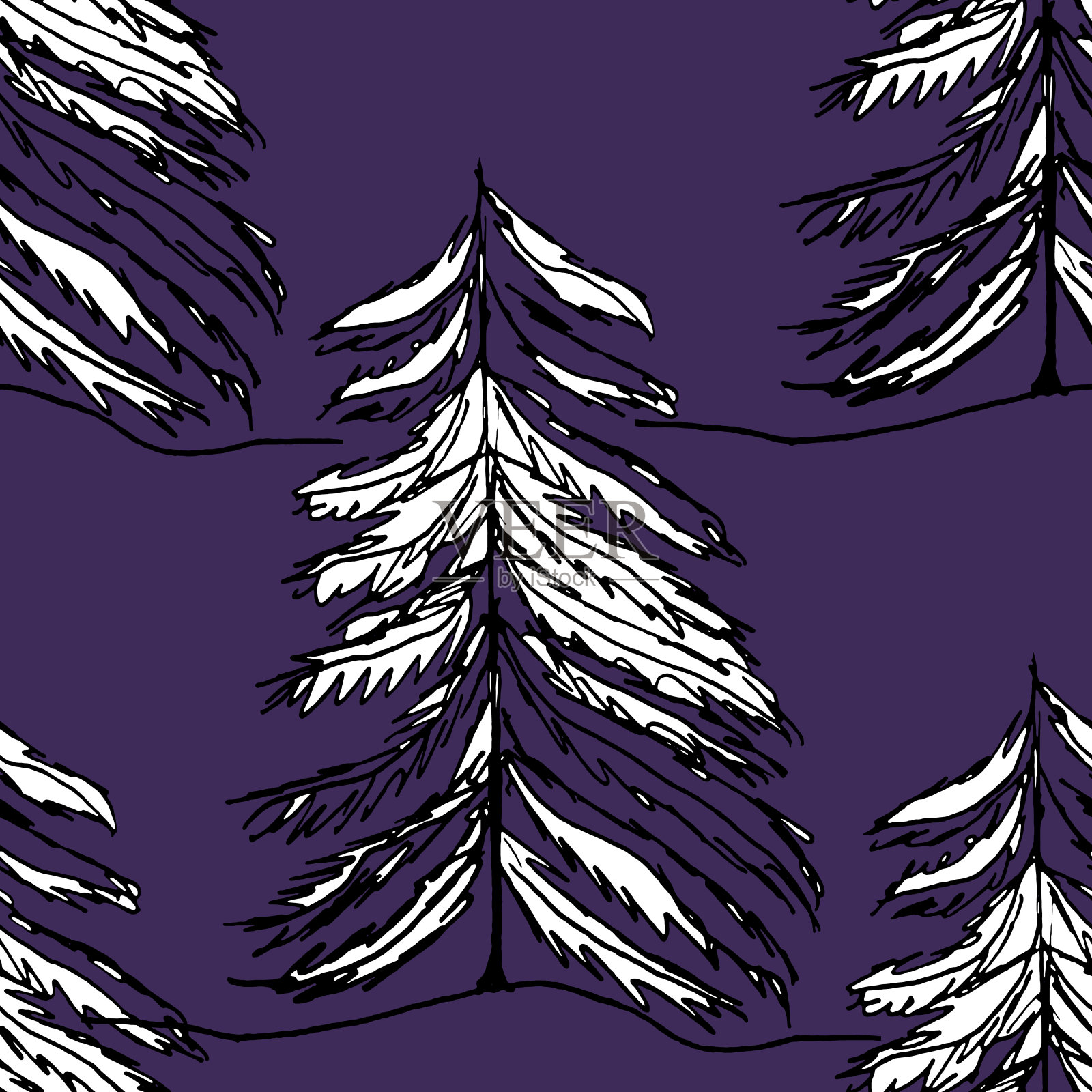 冬季无缝图案:圣诞树和雪花彩色背景矢量插画,适用于织物、纺织壁纸、海报、礼品包装纸,圣诞和新年矢量插画图片素材