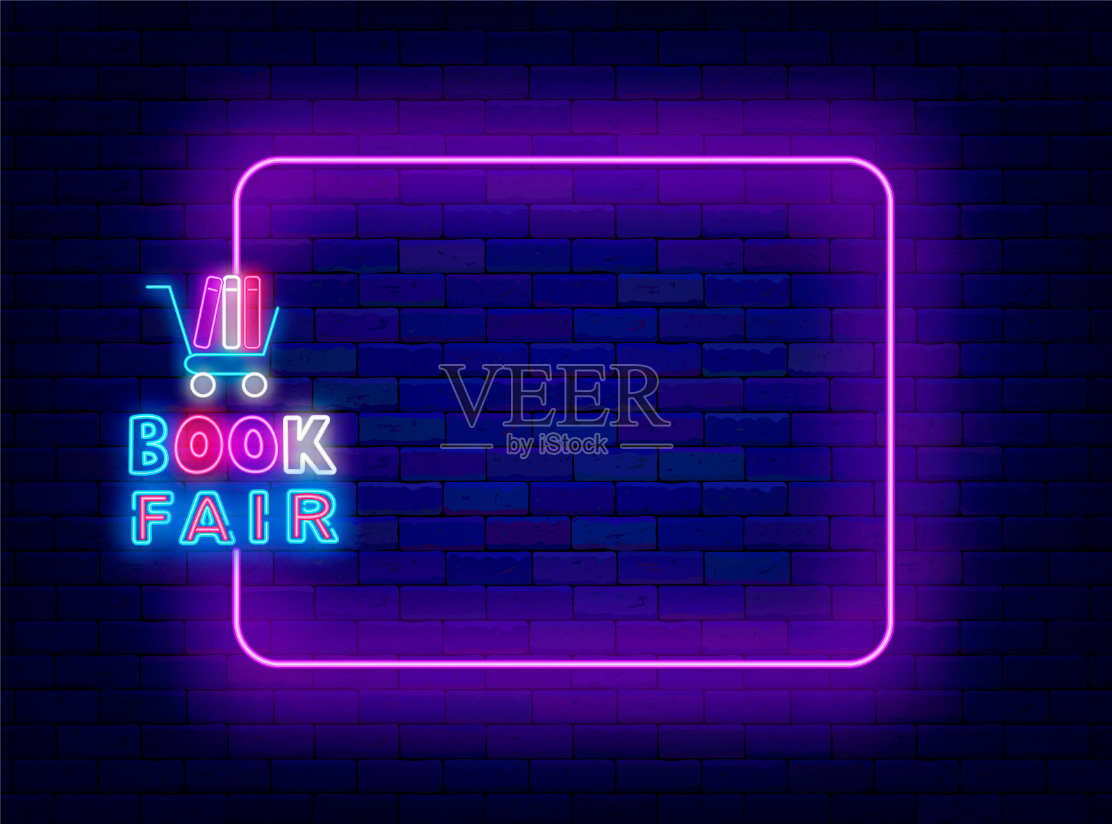 书展霓虹灯广告。展览及文具营销。空的紫色框架和排版。矢量图插画图片素材