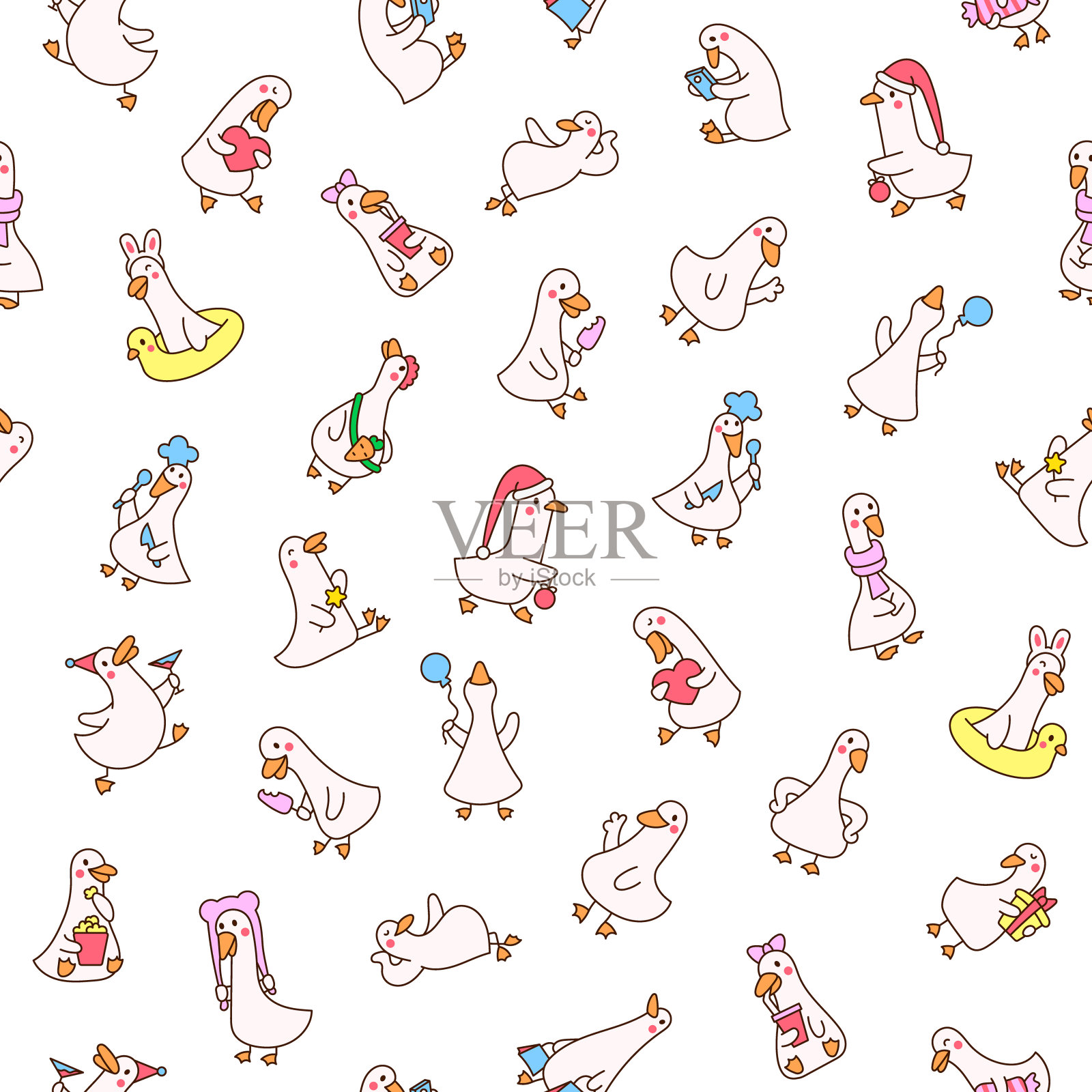 有趣的农场鸭子角色。无缝模式。可爱的卡通卡哇伊鹅。手绘风格。矢量图。设计的饰品。插画图片素材