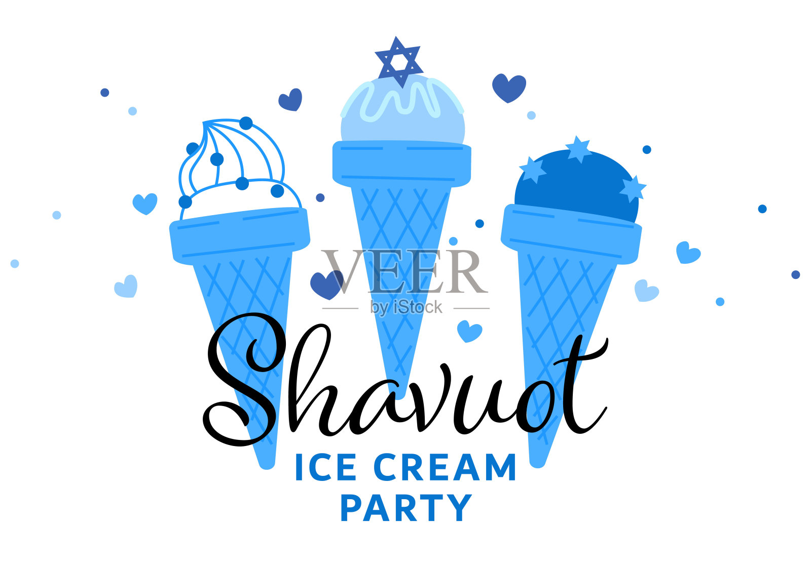 快乐的端午节节日设计。冰淇淋和柚子。蓝色的星星冰淇淋。Shavuot冰淇淋派对插画图片素材