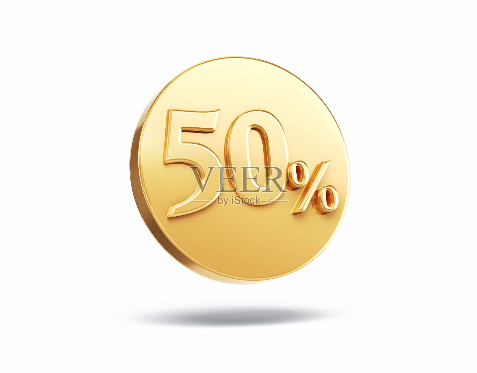 金色圆形按钮上50%的符号,对象+阴影路径照片摄影图片