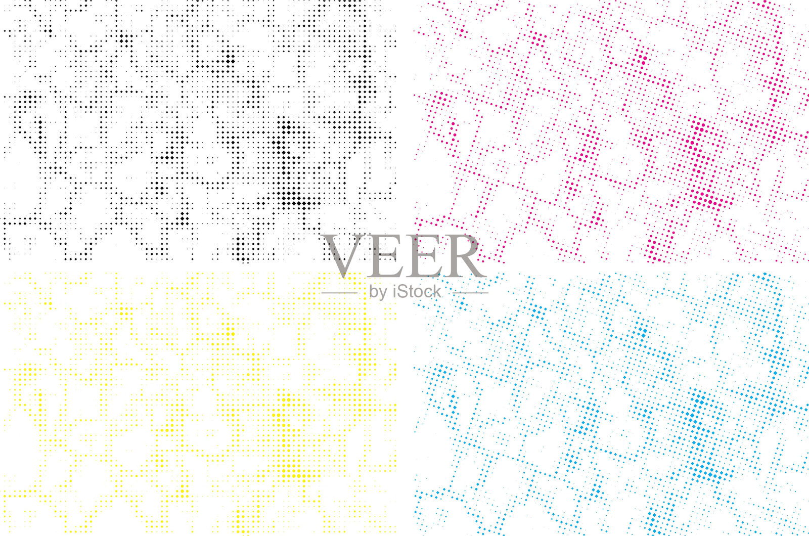 四种不同颜色的抽象grunge点图案,一套四种不同颜色的线点效果,一个彩色点图案赢得白色背景,cmyk点效果集,插画图片素材