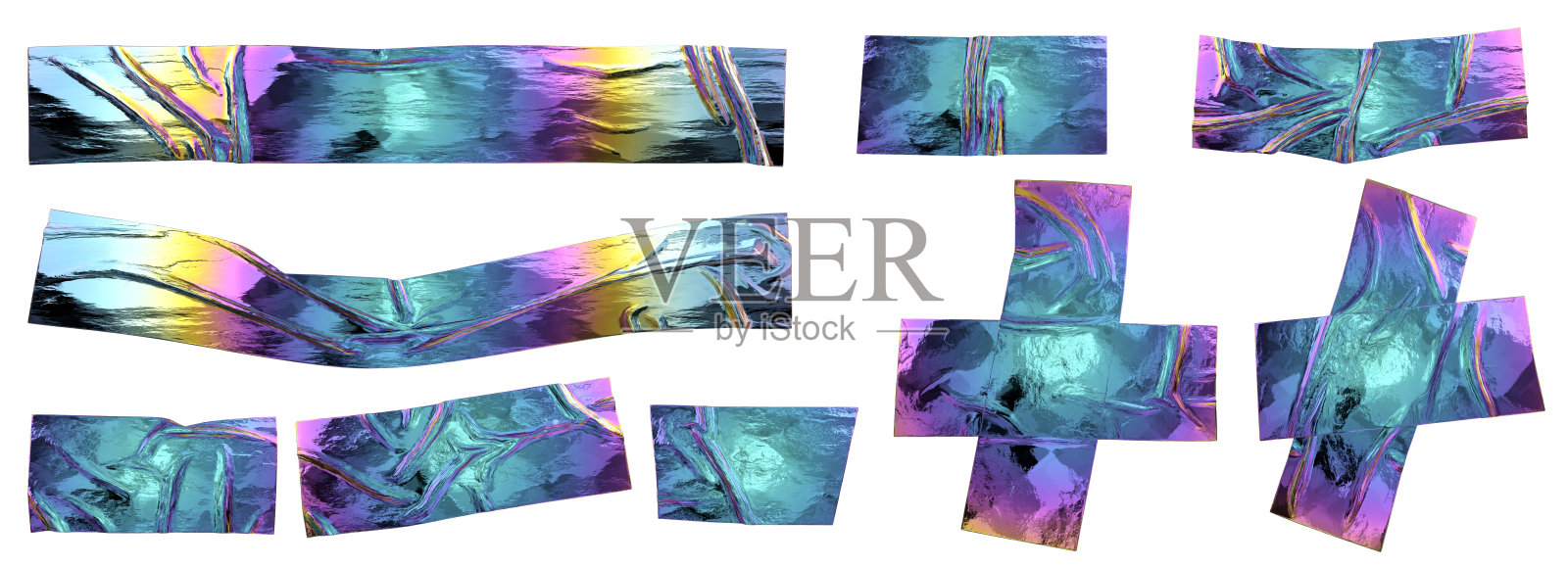 起皱全息箔胶粘带。孤立的彩虹皱巴巴的苏格兰块设置为现代设计。照片摄影图片