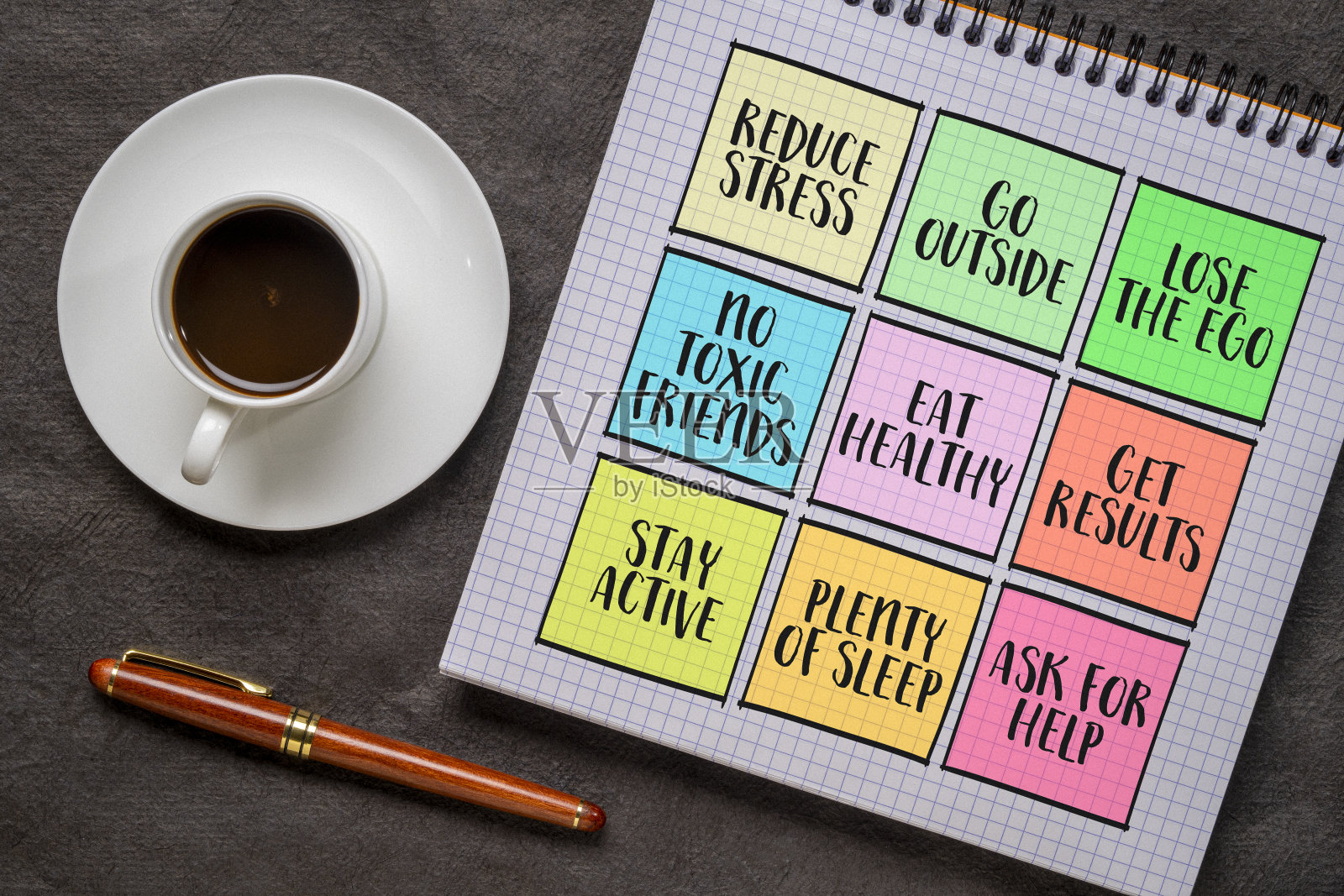 健康生活方式提醒,一套彩色笔记,个人发展理念照片摄影图片