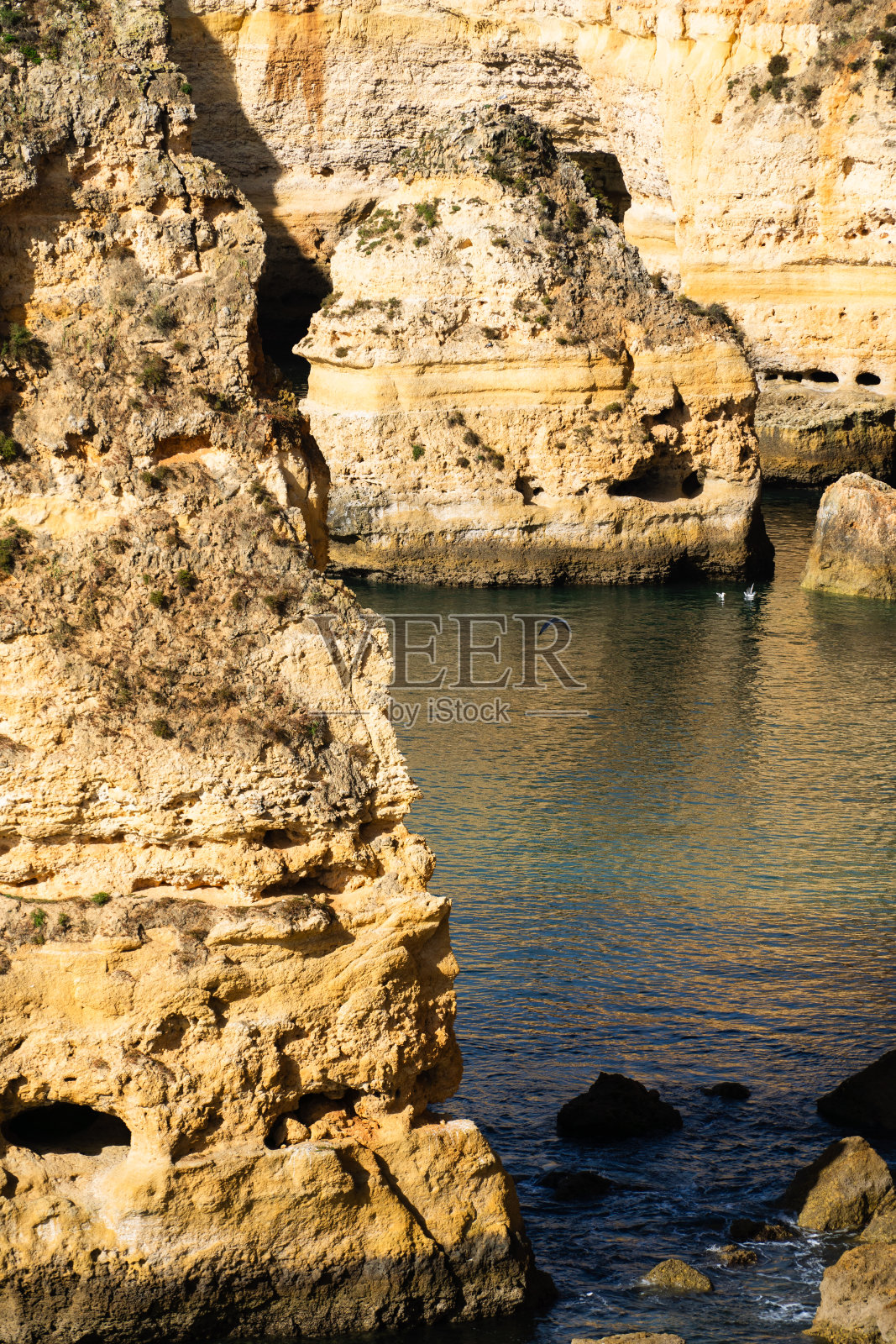 葡萄牙阿尔加维拉各斯的滨海海滩(普拉亚达马里尼亚)。阿尔加维海滩是旅游天堂。阳光明媚的一天。照片摄影图片