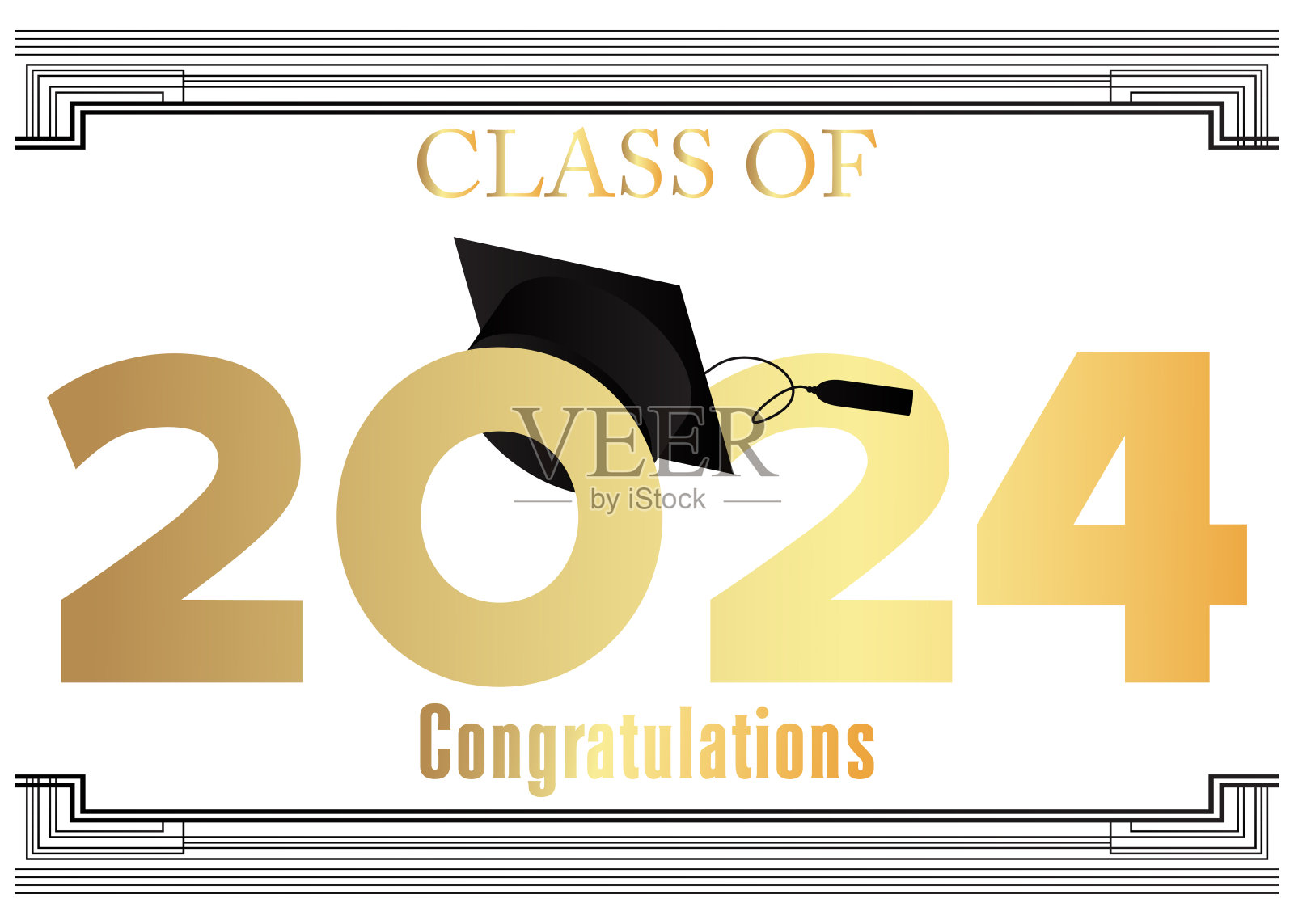 黑白相间的2024届毕业设计模板上的白色。复古派对请柬,祝贺活动,贺卡。矢量高中或大学毕业海报与复古的艺术装饰元素。插画图片素材