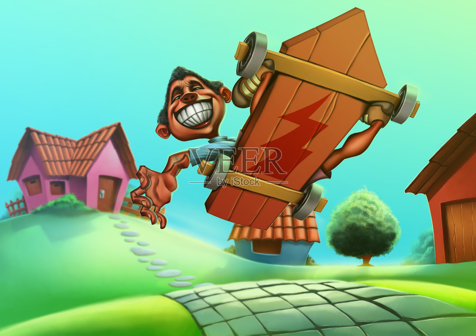 男孩在玩滚轮车插画图片素材