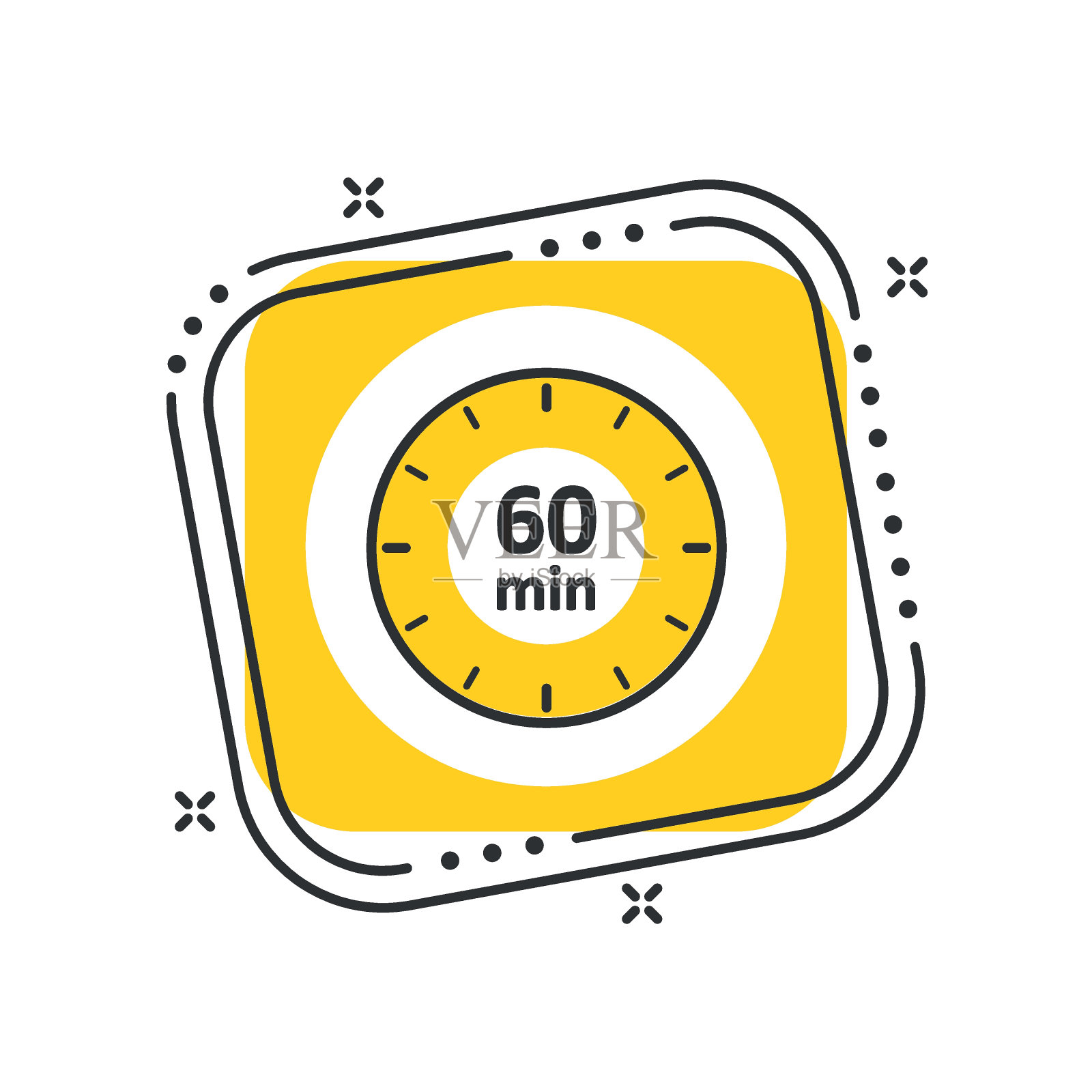 卡通Ñ `锁图标矢量插图。计时器标志60分钟在孤立的黄色方形背景。倒计时标志概念。插画图片素材