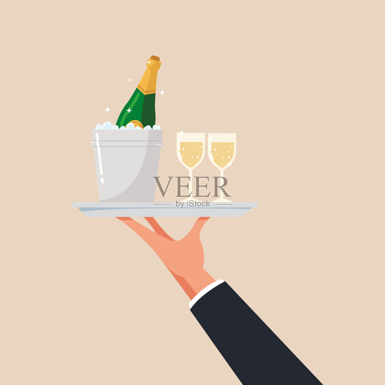 人手端着酒杯上香槟。服务员用托盘端着酒杯的概念。插画图片素材