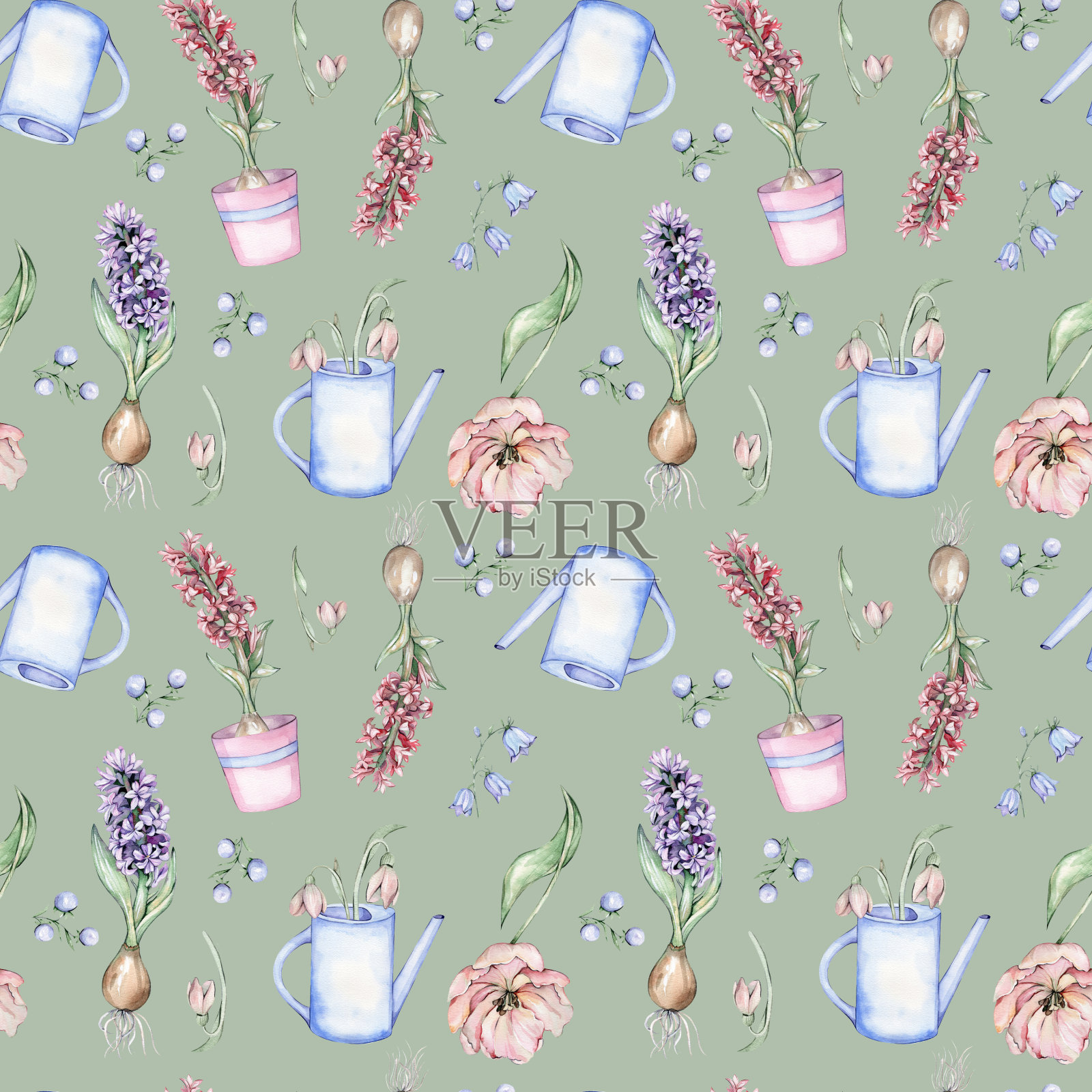 无缝图案与水彩花和水壶插画图片素材