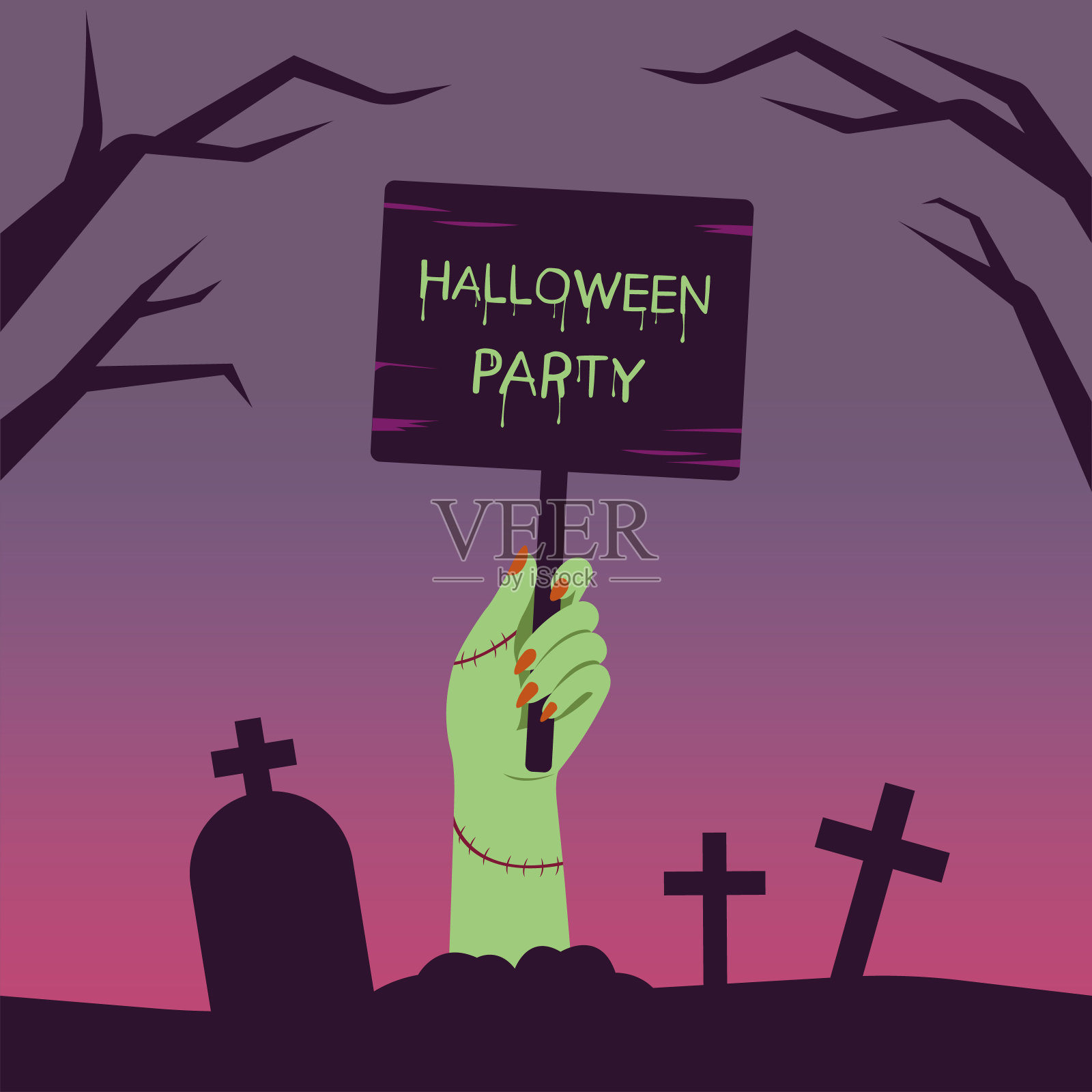 手捧墓地、万圣节快乐横幅、万圣节贺卡。插画图片素材