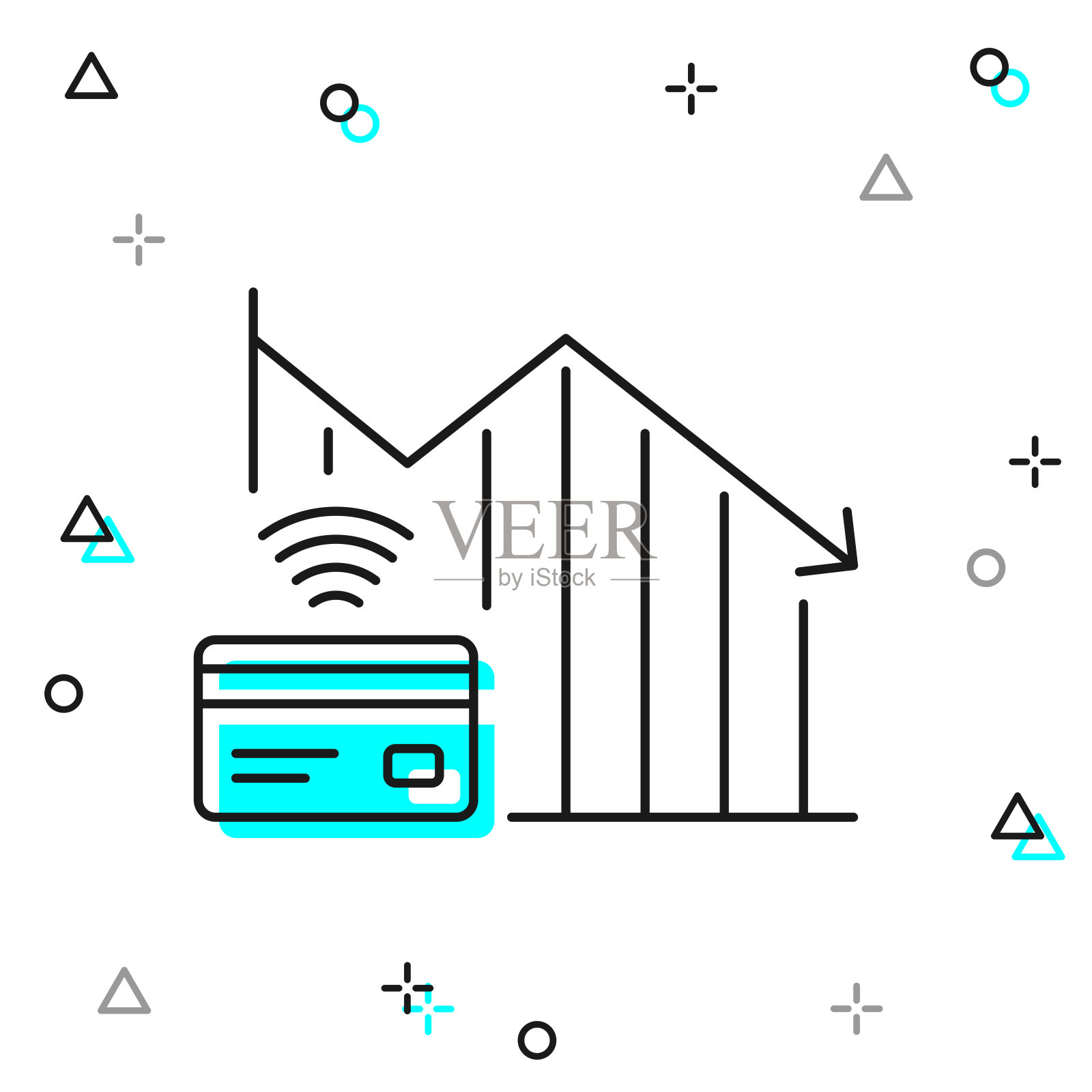 非接触式支付减少图表。白色背景上的线图标插画图片素材