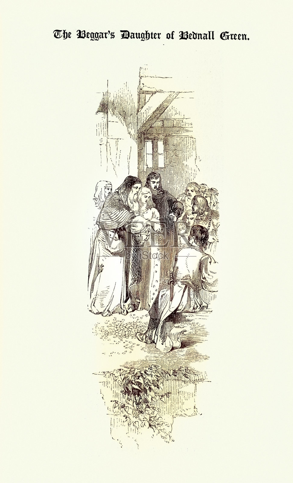 英国传统民谣《盲人乞丐贝德纳格林的女儿》中的一个场景,它讲述了贝德纳格林一个盲人乞丐的女儿和她嫁给一个骑士的故事。插画图片素材