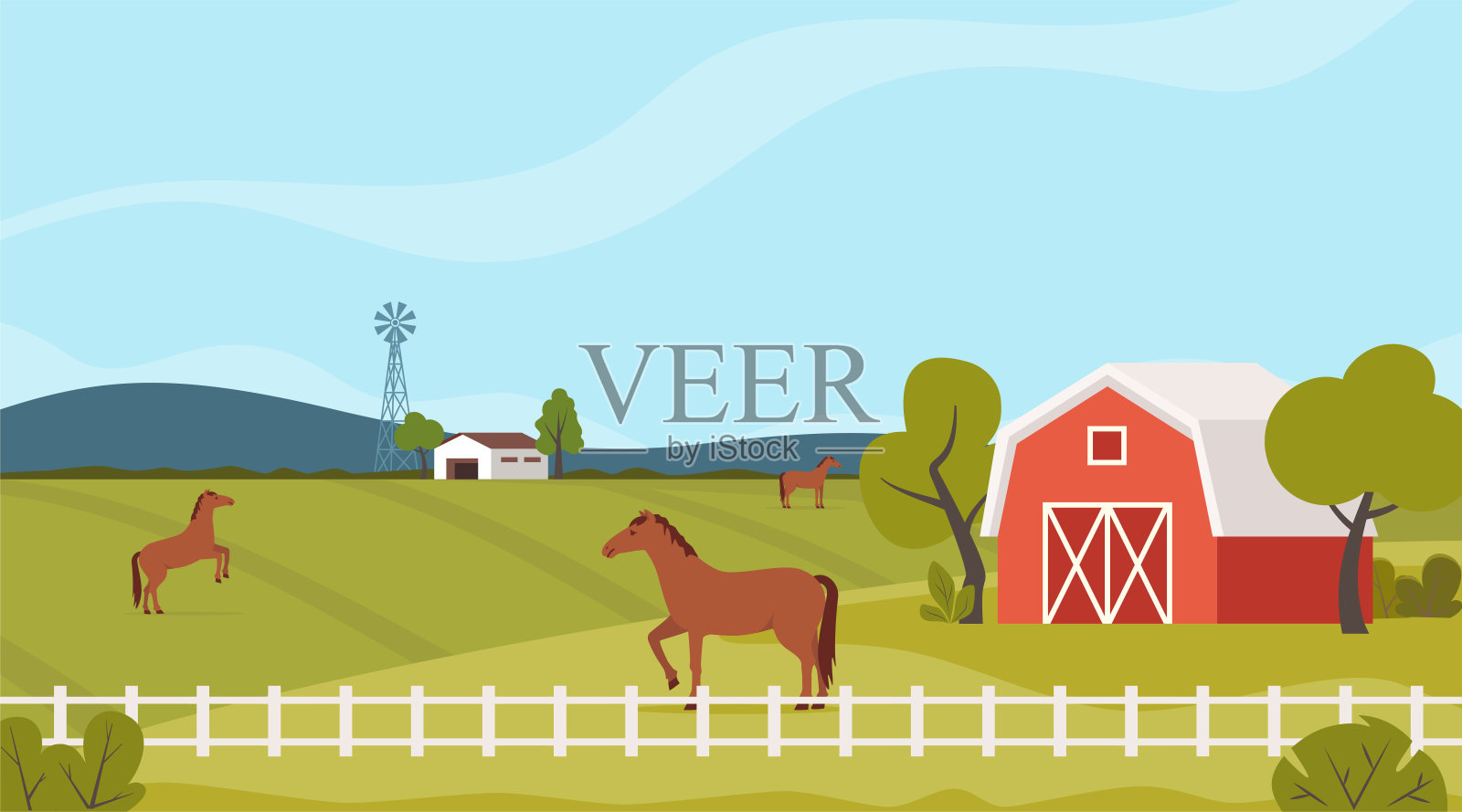 马场景观。马术牧场马厩院子里奔跑的马,夏日田野上吃草的马,纯种马牧场全景背景。向量。插画图片素材