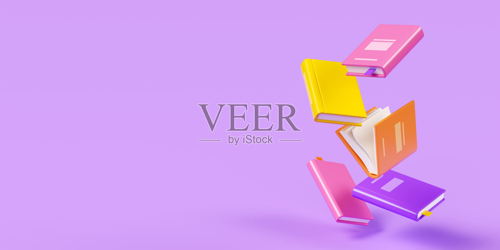 飞合和打开的书与明亮的精装紫色横幅。卡通3d渲染图照片摄影图片