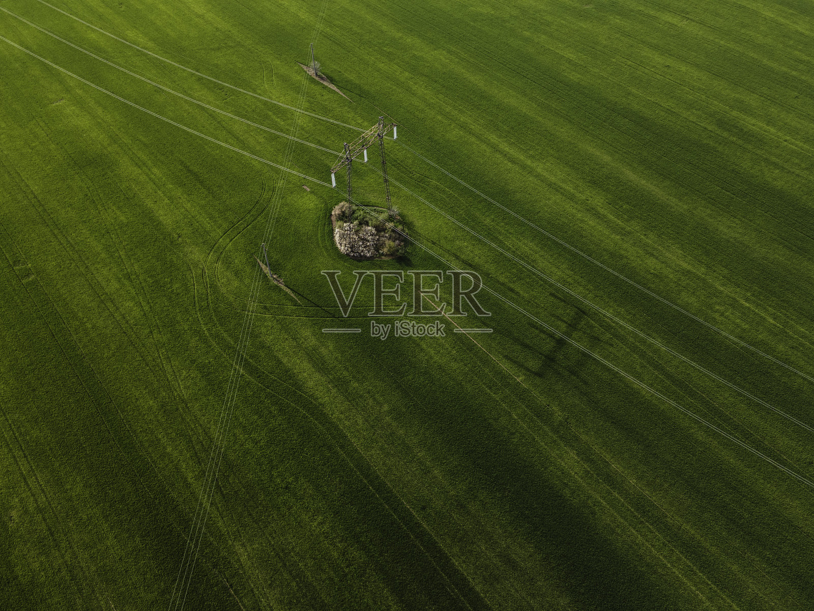 绿色的交易。春天绿地上的电线杆鸟瞰图。照片摄影图片