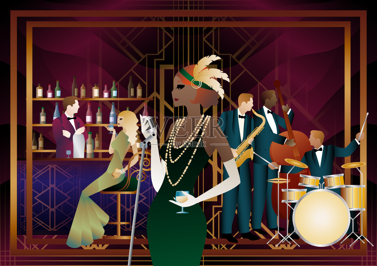 餐厅里的爵士音乐家和歌手插画图片素材