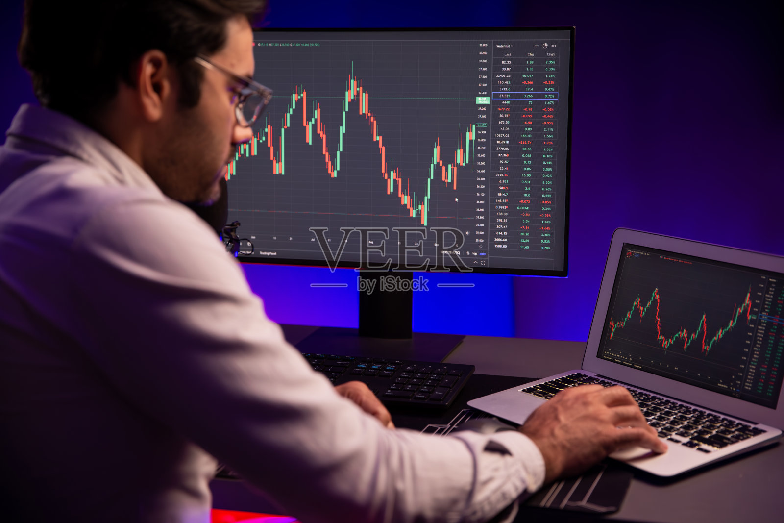 聪明的交易员专注于动态股票交易的个人电脑和笔记本电脑。推测。照片摄影图片