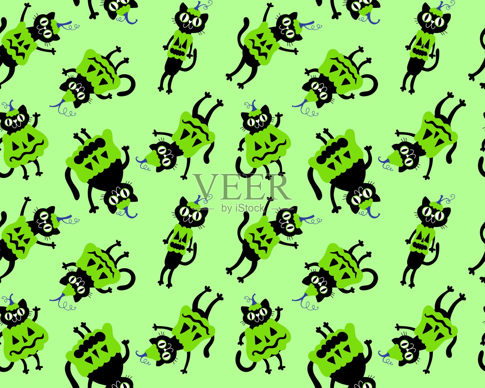 万圣节无缝猫图案用于织物和纺织品及包装插画图片素材