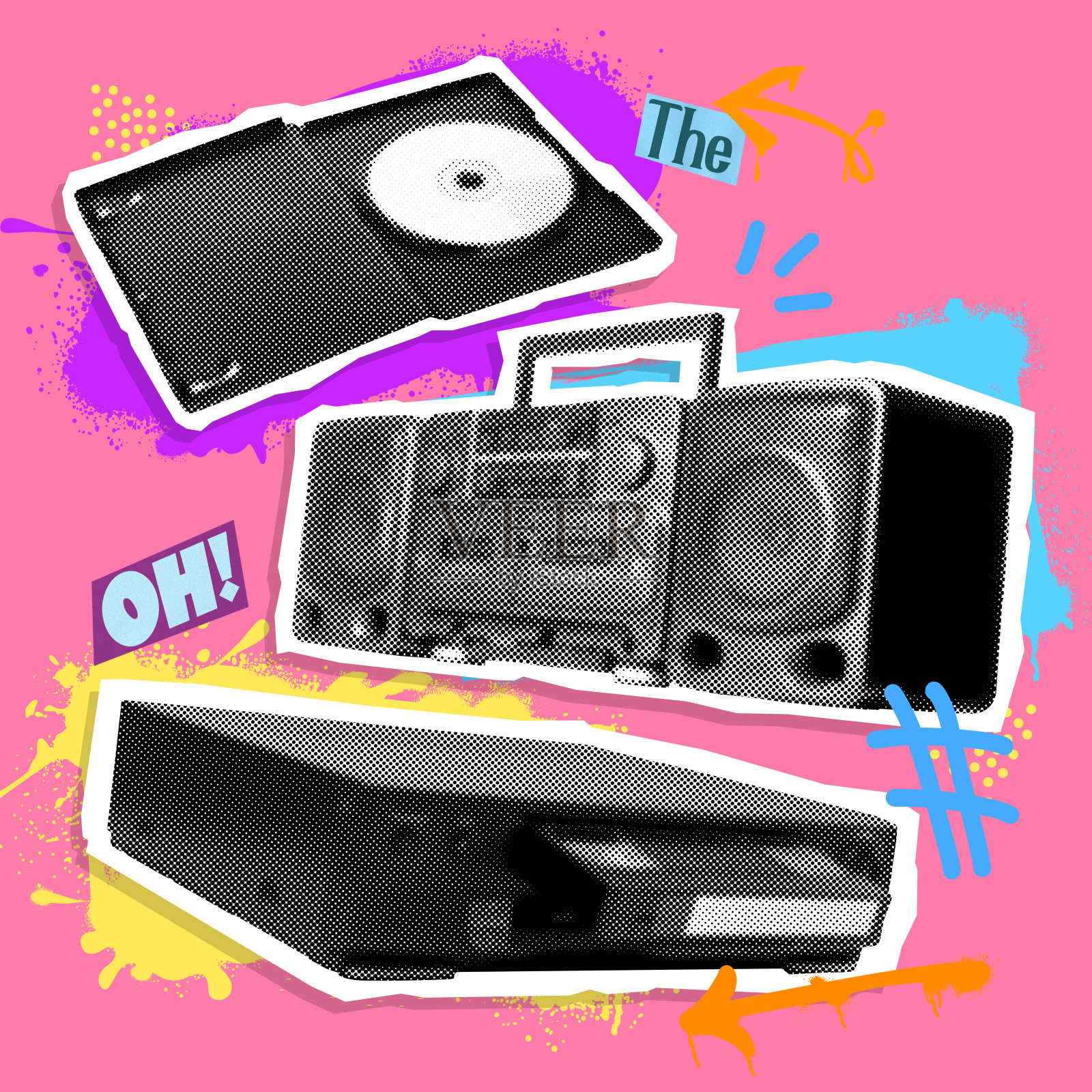 海报。当代艺术拼贴。用于播放不同时代的音乐和电影的老式电子设备。卡通艺术风格。照片摄影图片