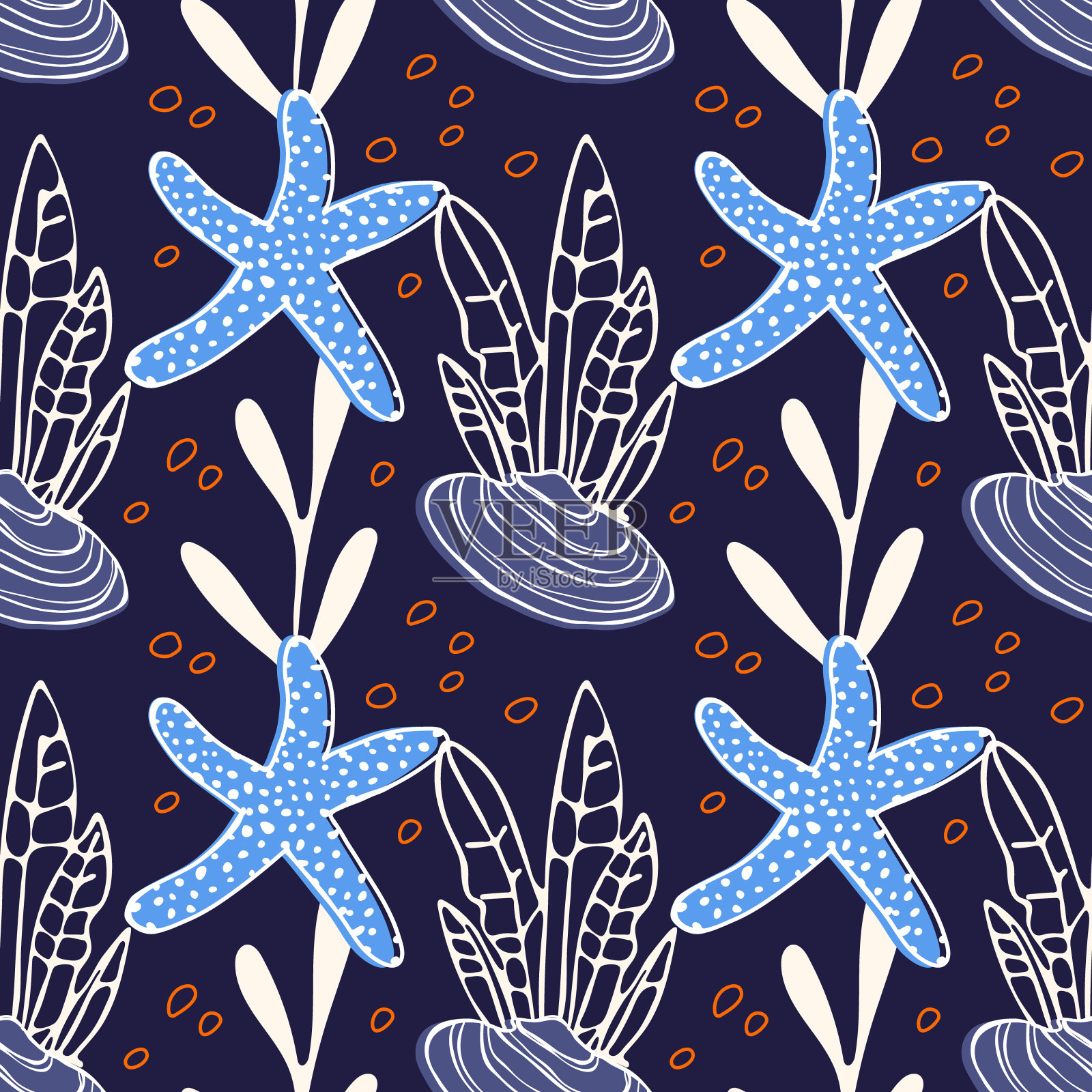 无缝图案的贝壳,藻类,海星和气泡。插画图片素材