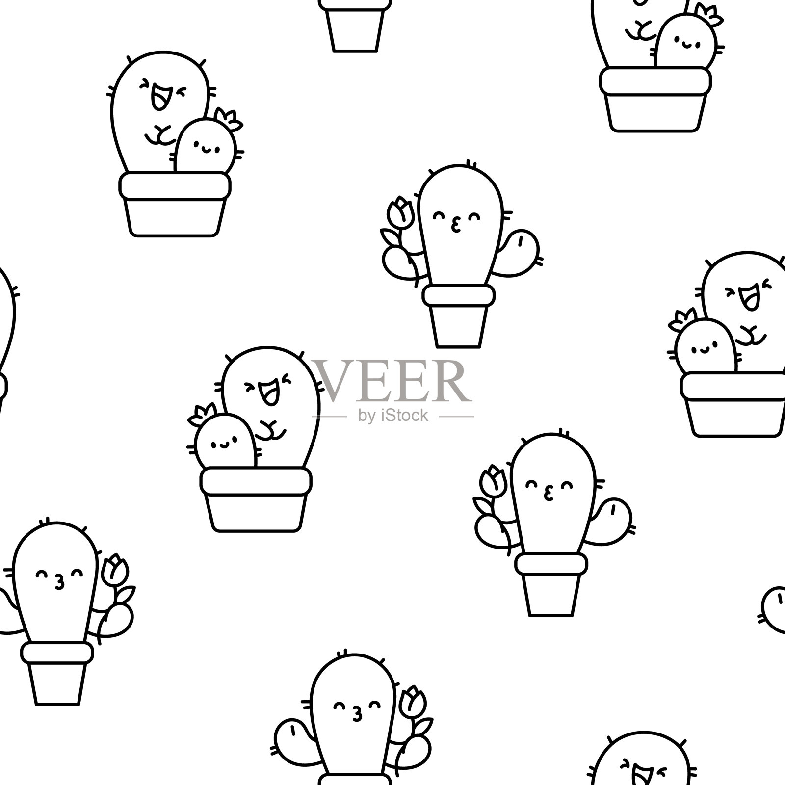 可爱的卡哇伊仙人掌。无缝模式。着色页面。有趣的多肉植物和快乐的脸。手绘风格。矢量图。设计的饰品。插画图片素材