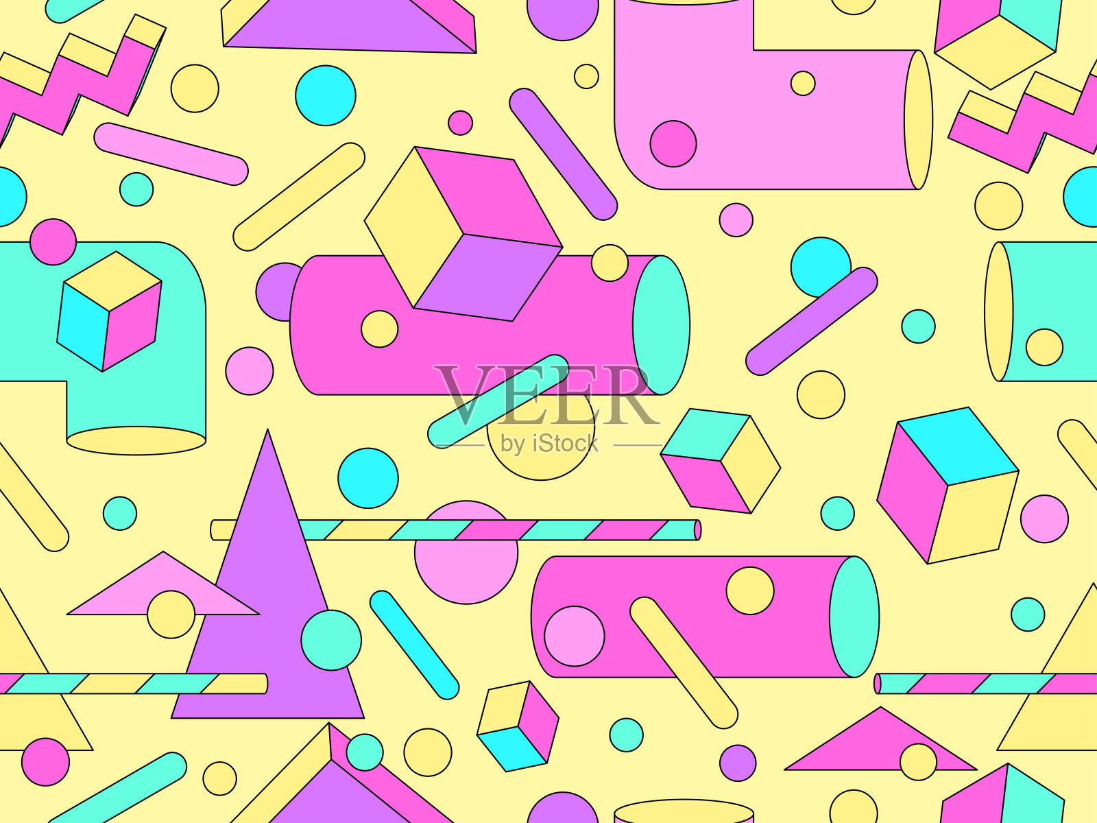 几何无缝图案与3D形状在80年代和90年代的风格。五彩缤纷的糖果调色板。等距几何三维形状。设计壁纸,横幅和海报。矢量图插画图片素材
