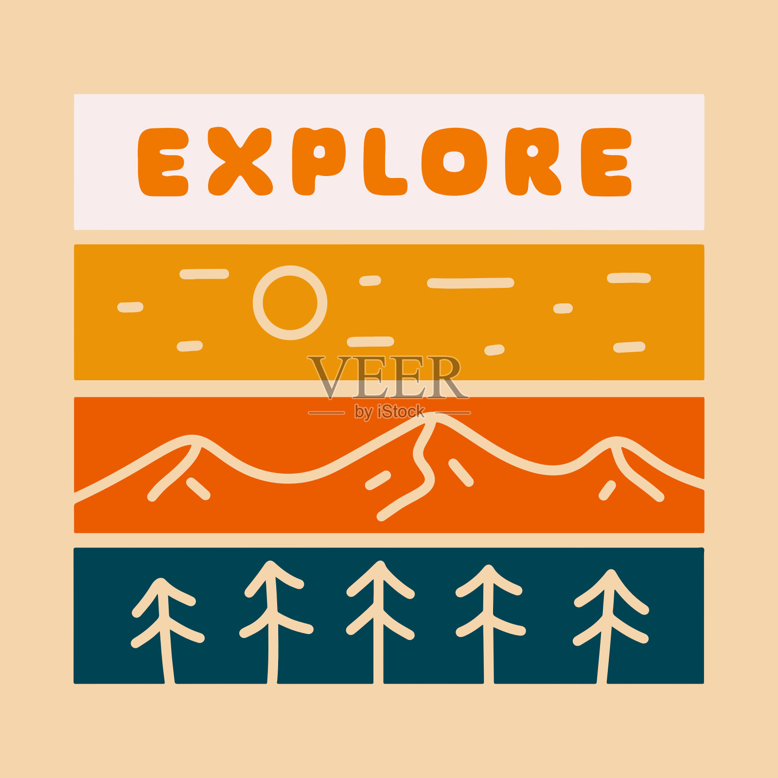 自然探索山分为四部分,分别为t恤、贴纸、背景等设计单色线条插画图片素材