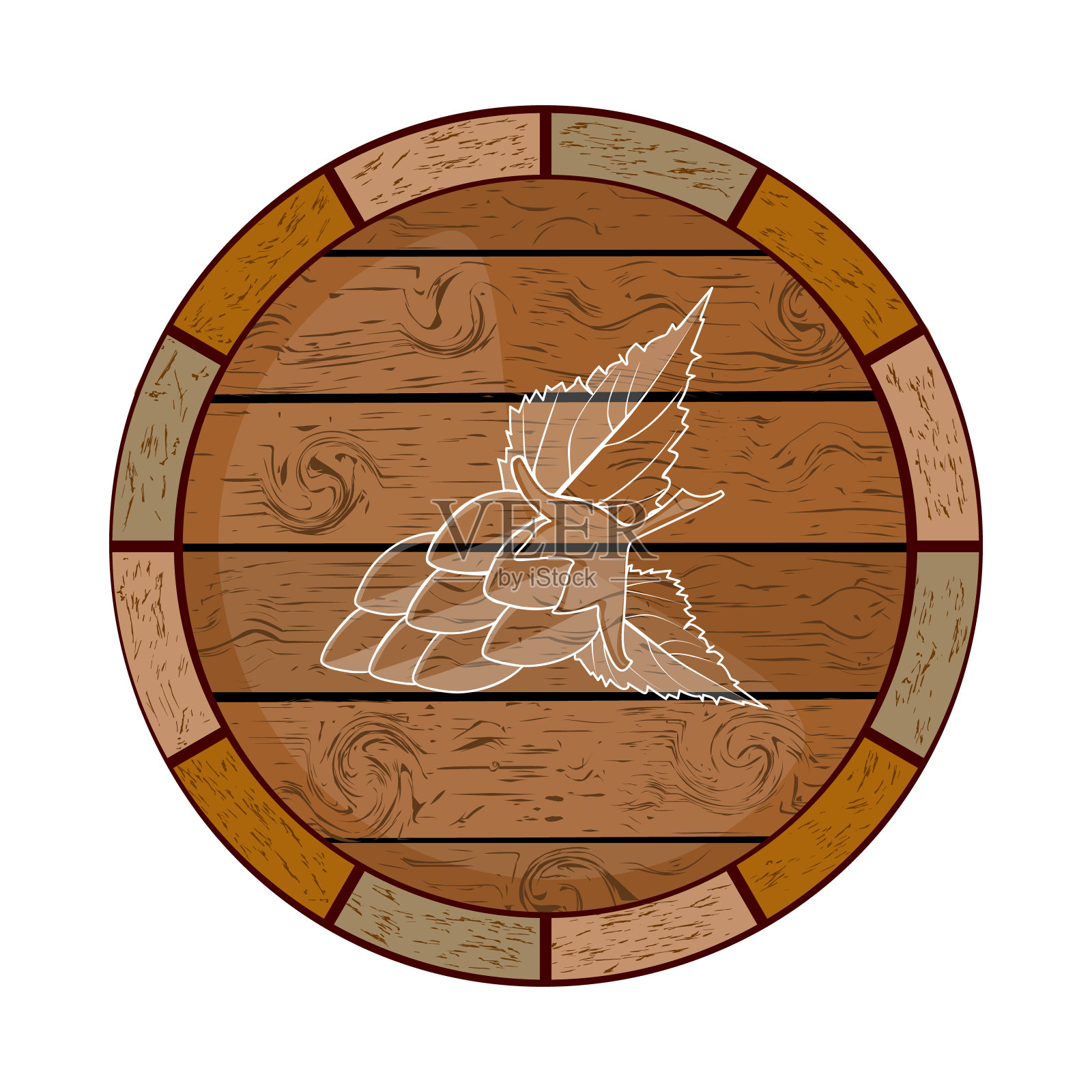 圆形桶帽与啤酒花标志隔离在白色背景。酿造或酿酒厂标签。插画图片素材