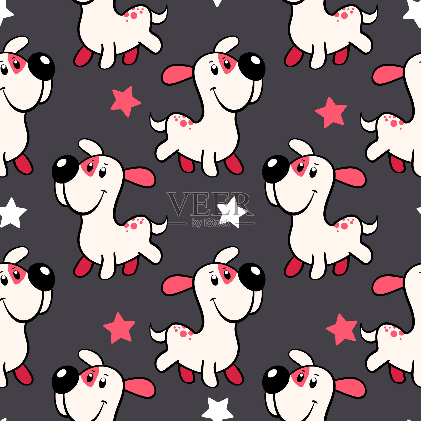 矢量无缝重复幼稚的图案与可爱的狗在涂鸦风格。动物背景与狗,宠物,小狗邀请,海报,卡片,传单,纺织品,织物插画图片素材