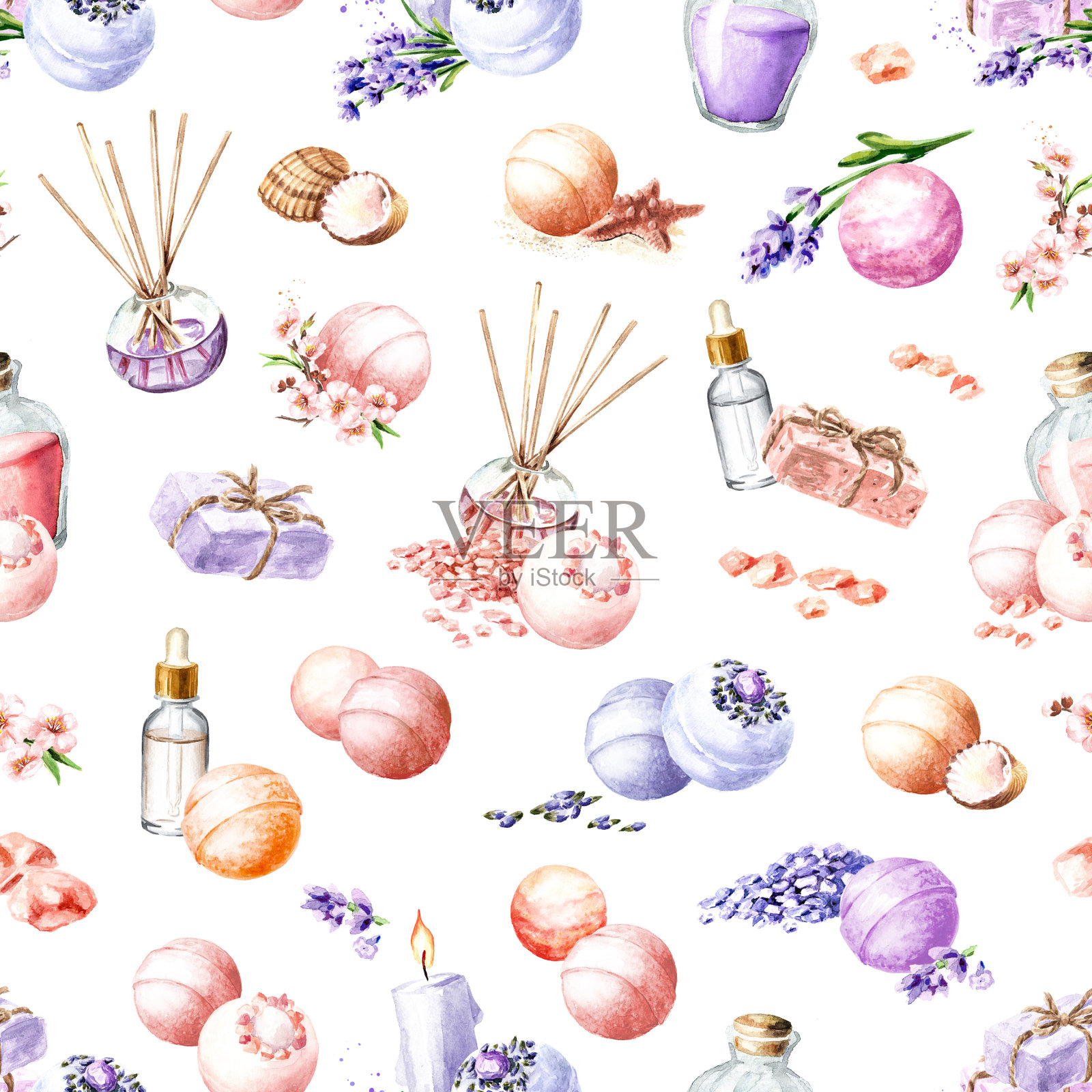 浴弹无缝花纹,芳香SPA概念。手绘水彩插图孤立的白色背景插画图片素材