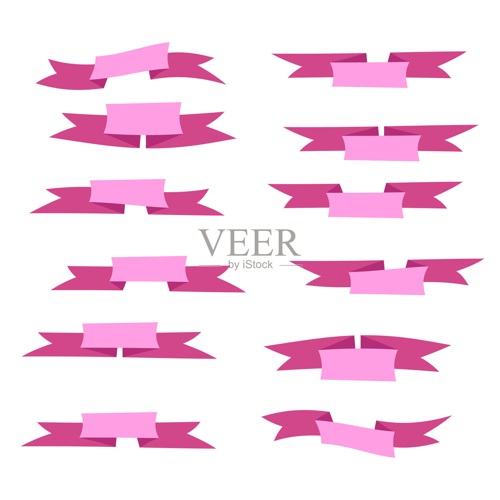 一套紫色的扁平丝带孤立在白色的背景。丝带横幅矢量插图。水彩花边插画图片素材