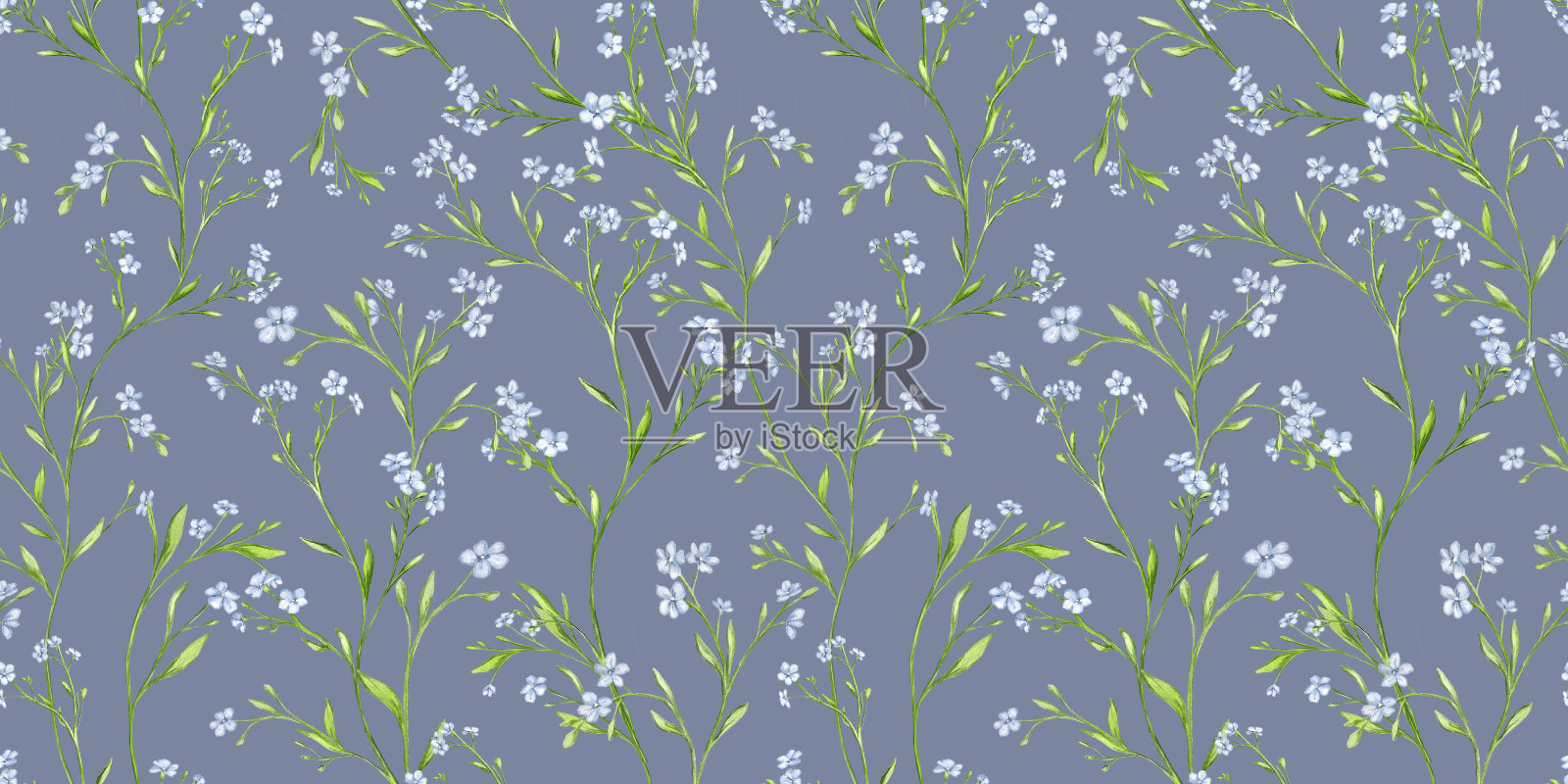 复古花香背景。无缝图案的设计和时尚印花在灰色。花图案与小白色和蓝色的花。粗心大意的风格。插画图片素材