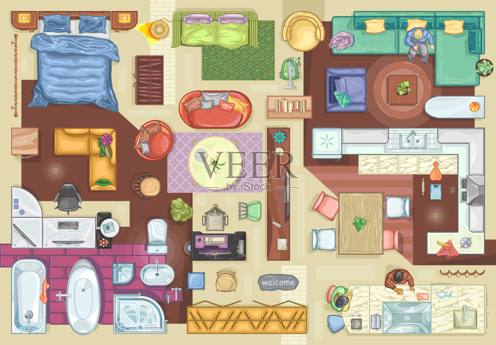 设计室内和建筑项目的平面图图标集(从上面看)。家具彩色图标在顶视图布局。卡通的公寓。向量插画图片素材