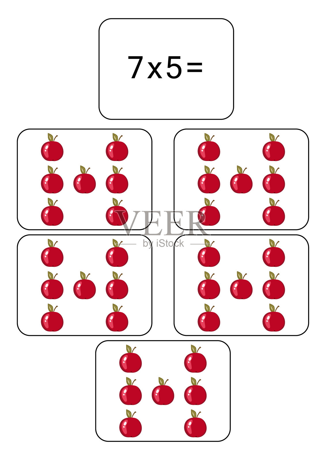 7.乘法表数学卡片配例子,绘图。乘法广场,矢量插图。印刷品,横幅,儿童桌,学童。学校教育,逻辑任务。插画图片素材