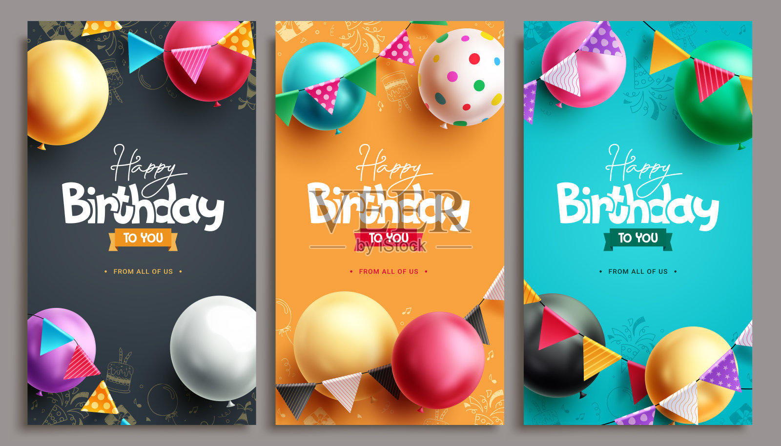 生日快乐矢量海报集设计。生日祝福文字与彩色气球和三角旗装饰元素的邀请卡插画图片素材
