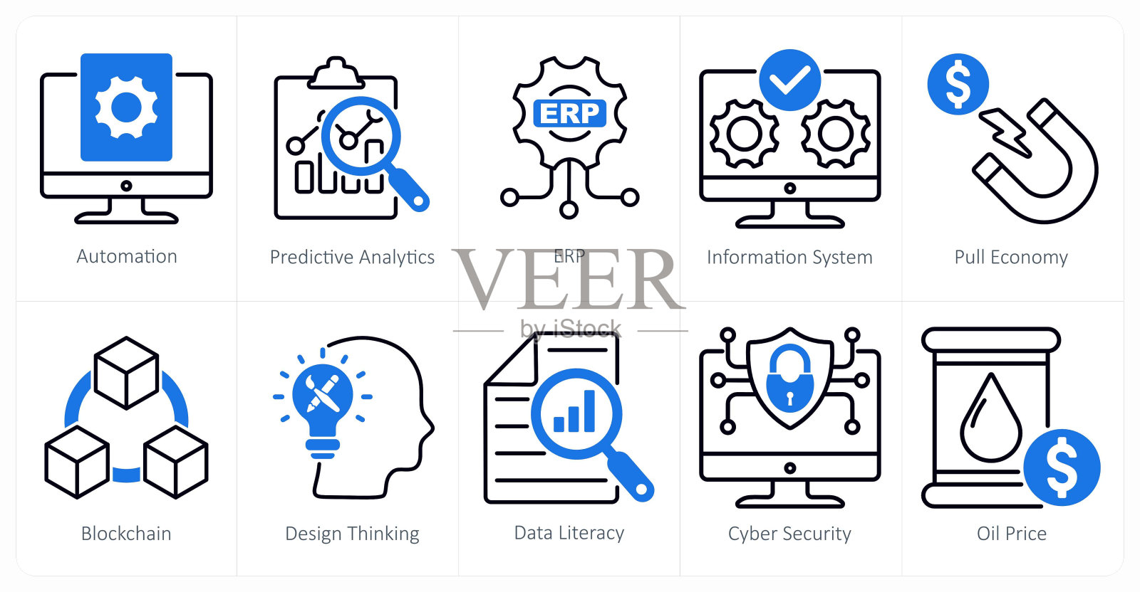 一组10个工业图标,如自动化,预测分析,erp插画图片素材